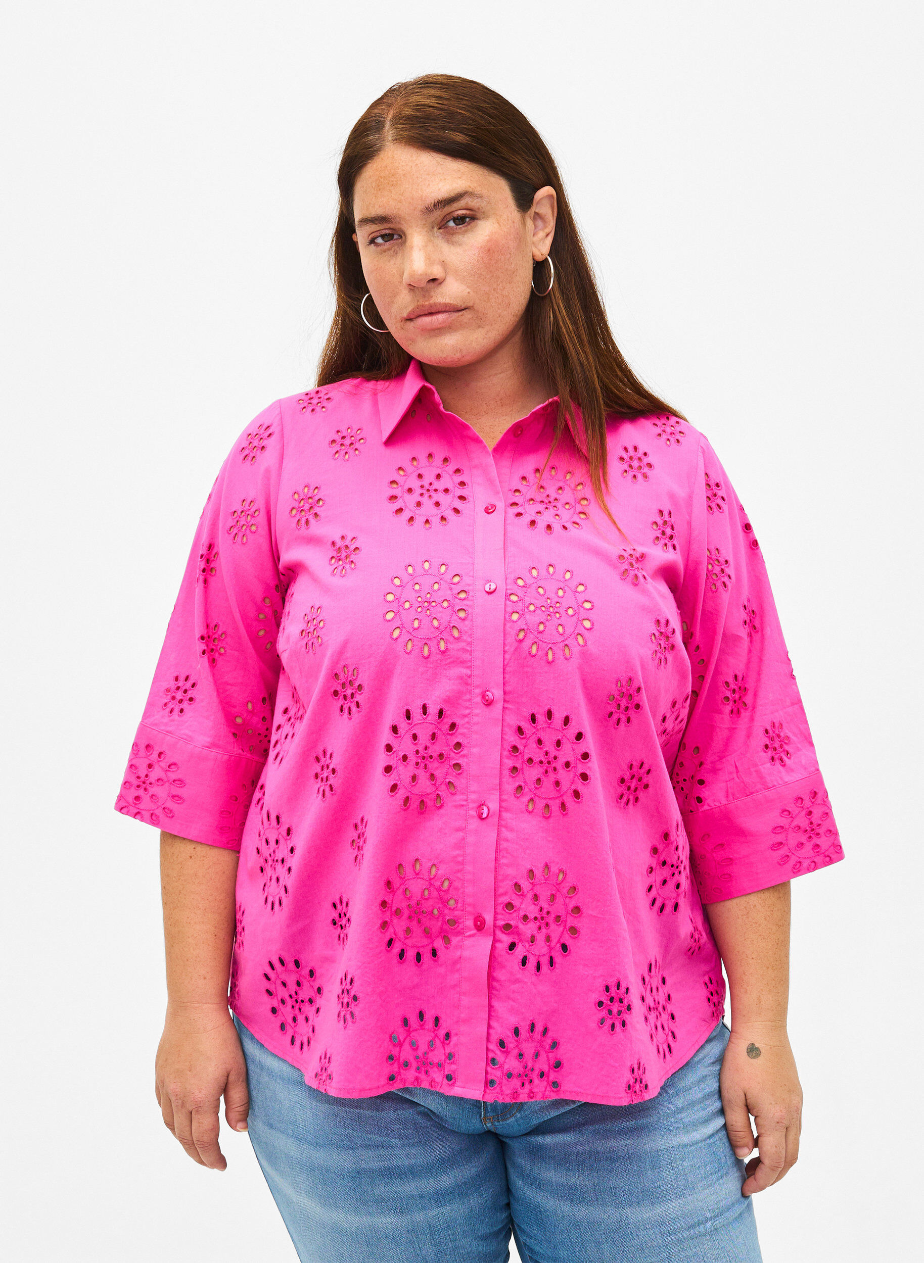 Zizzi Shirtblouse met Engels borduurwerk en 3/4-mouwen, Raspberry Rose, Model image number 0