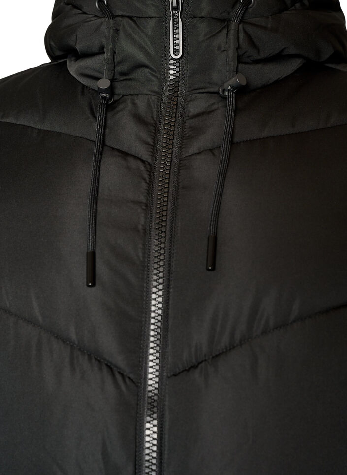 Lange pufferjas met capuchon en zakken, Zwart, Packshot image number 2