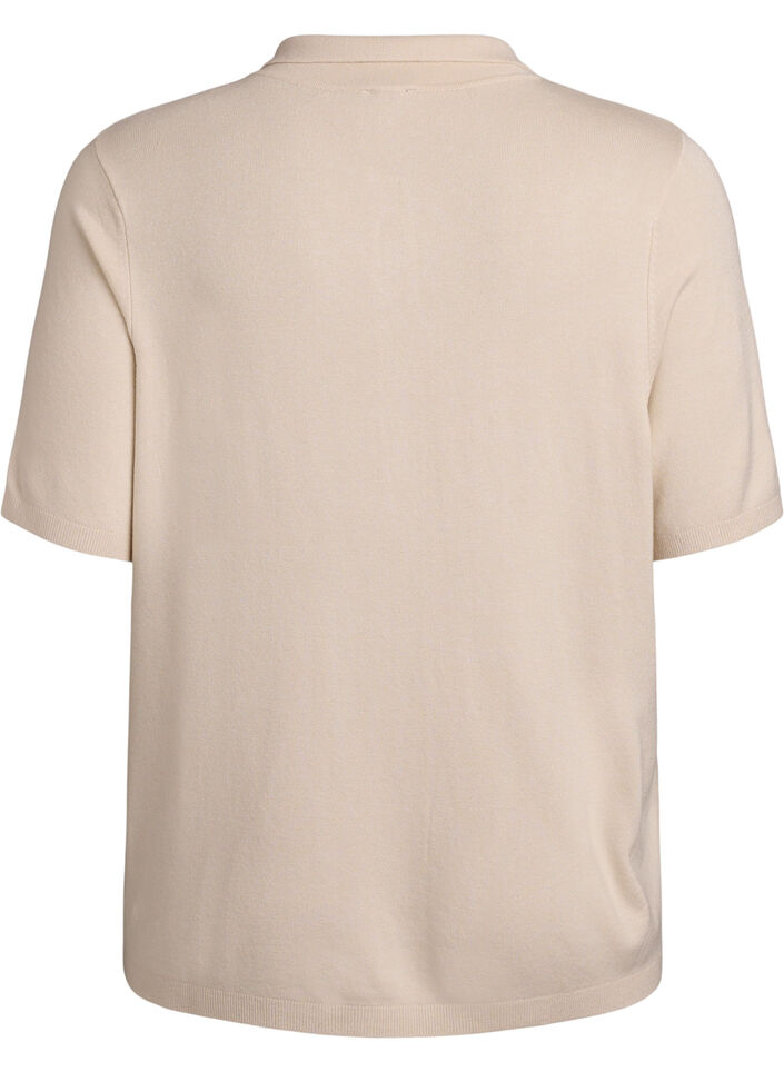 Fijngebreid poloshirt met korte mouwen, Beige, Packshot image number 1