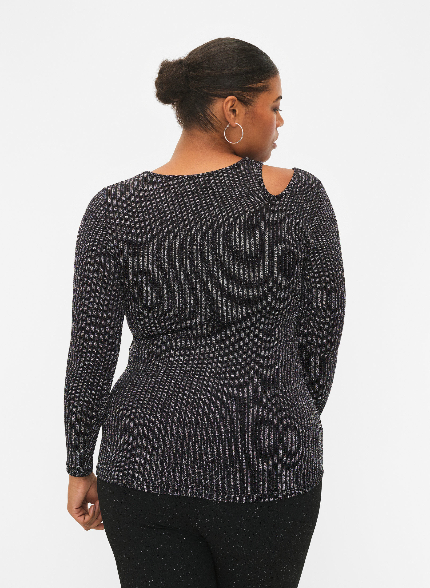 Zizzi Uitgesneden blouse met lange mouwen en glitter, B. w. Silver Stripes, Model image number 1