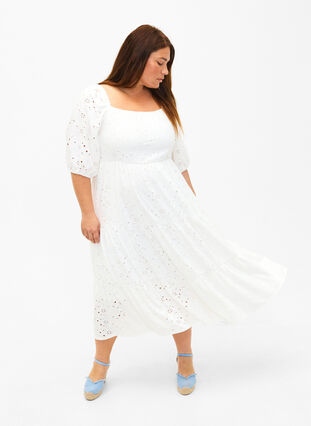 Maxi jurk met kant patroon en een vierkante halslijn, Bright White, Model image number 0
