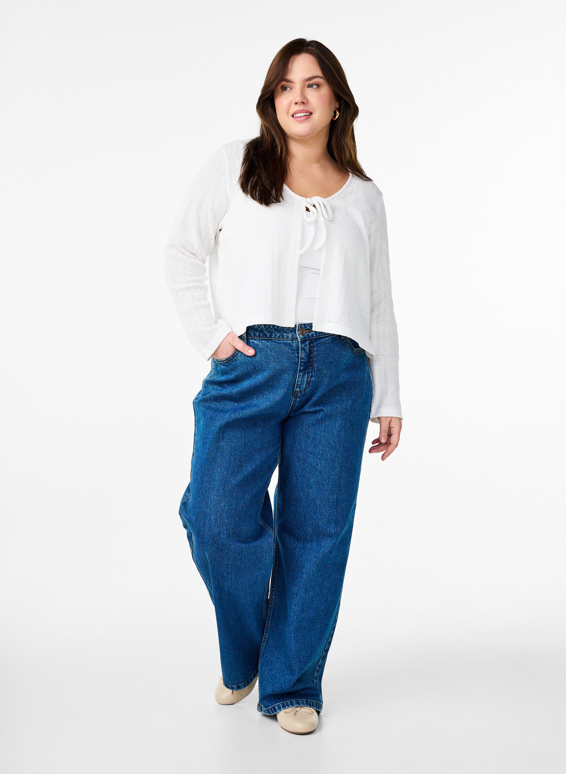 Zizzi Cardigan met textuur en strik voorkant, Wit, Model image number 1