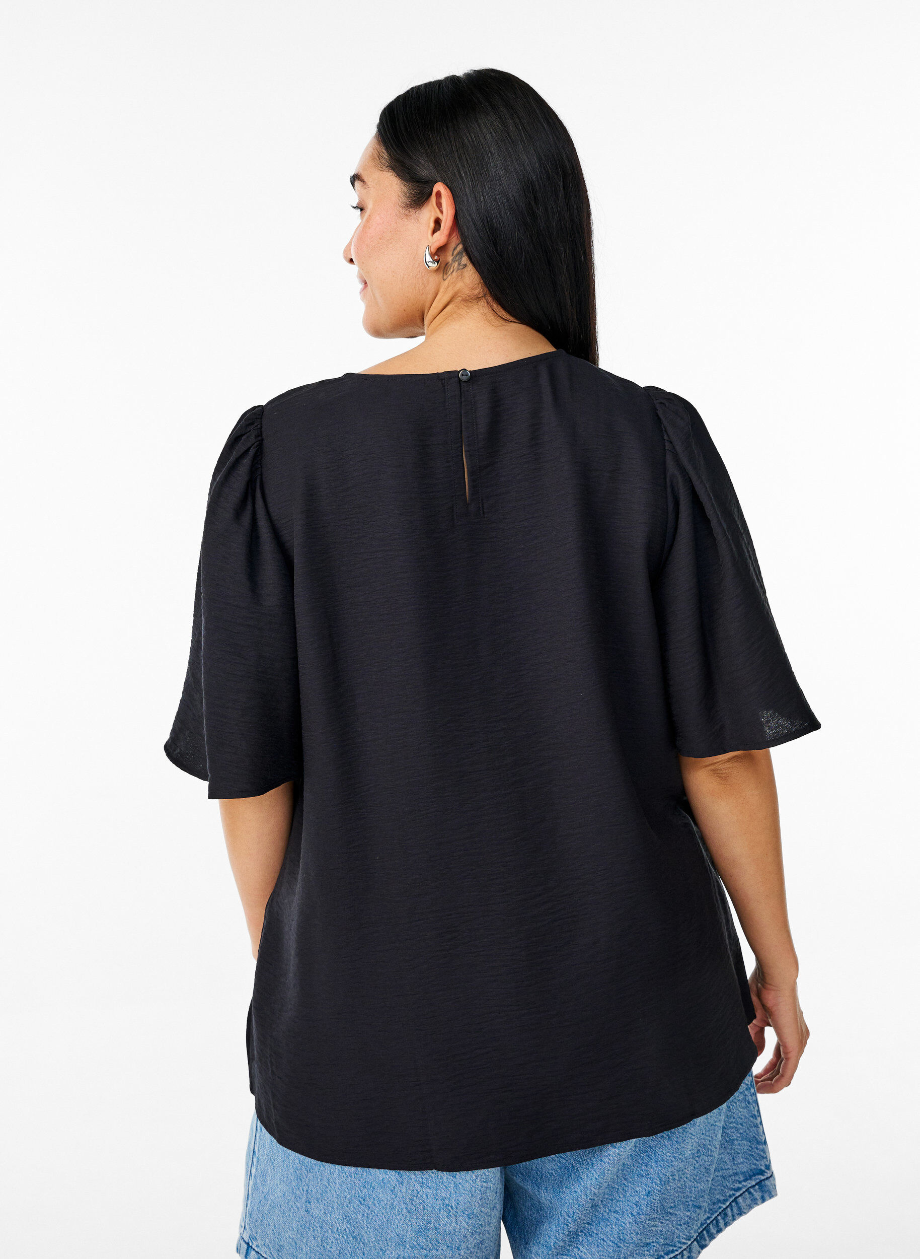 Zizzi Blouse met korte, wijde mouwen, Zwart, Model image number 2