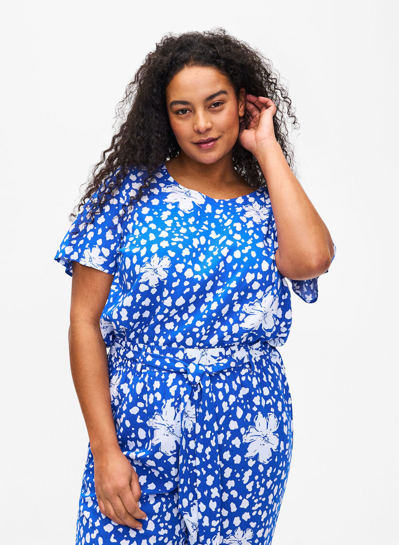FLASH - Viscose blouse met korte mouwen en print, Blauw, Model image number 0