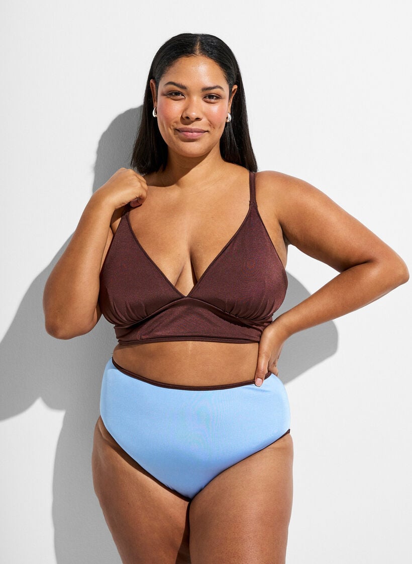 Omkeerbare bikinitop met V-hals en gekruiste bandjes op de rug, Bruin, Model image number 1