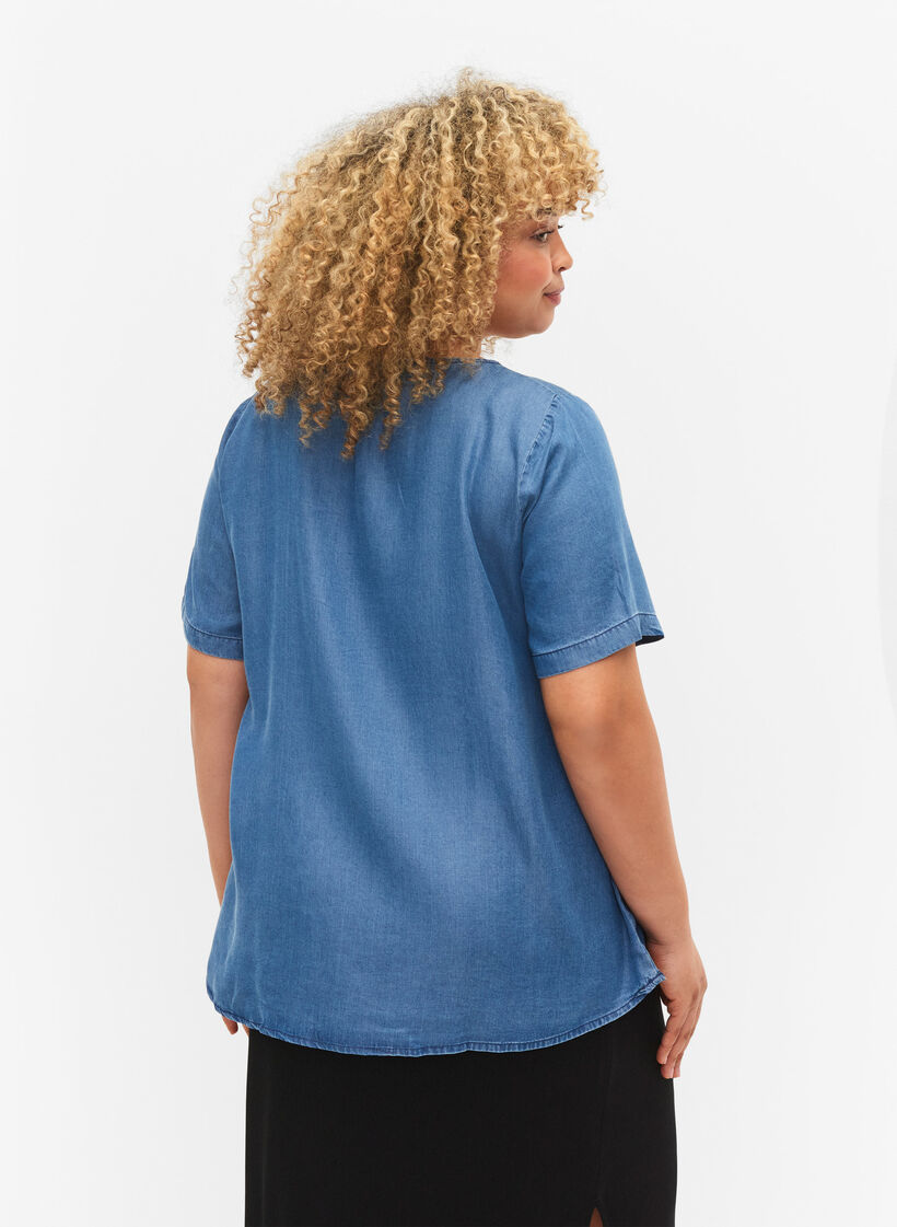 Blouse met korte mouwen van lyocell (TENCEL™), Blue denim, Model image number 1