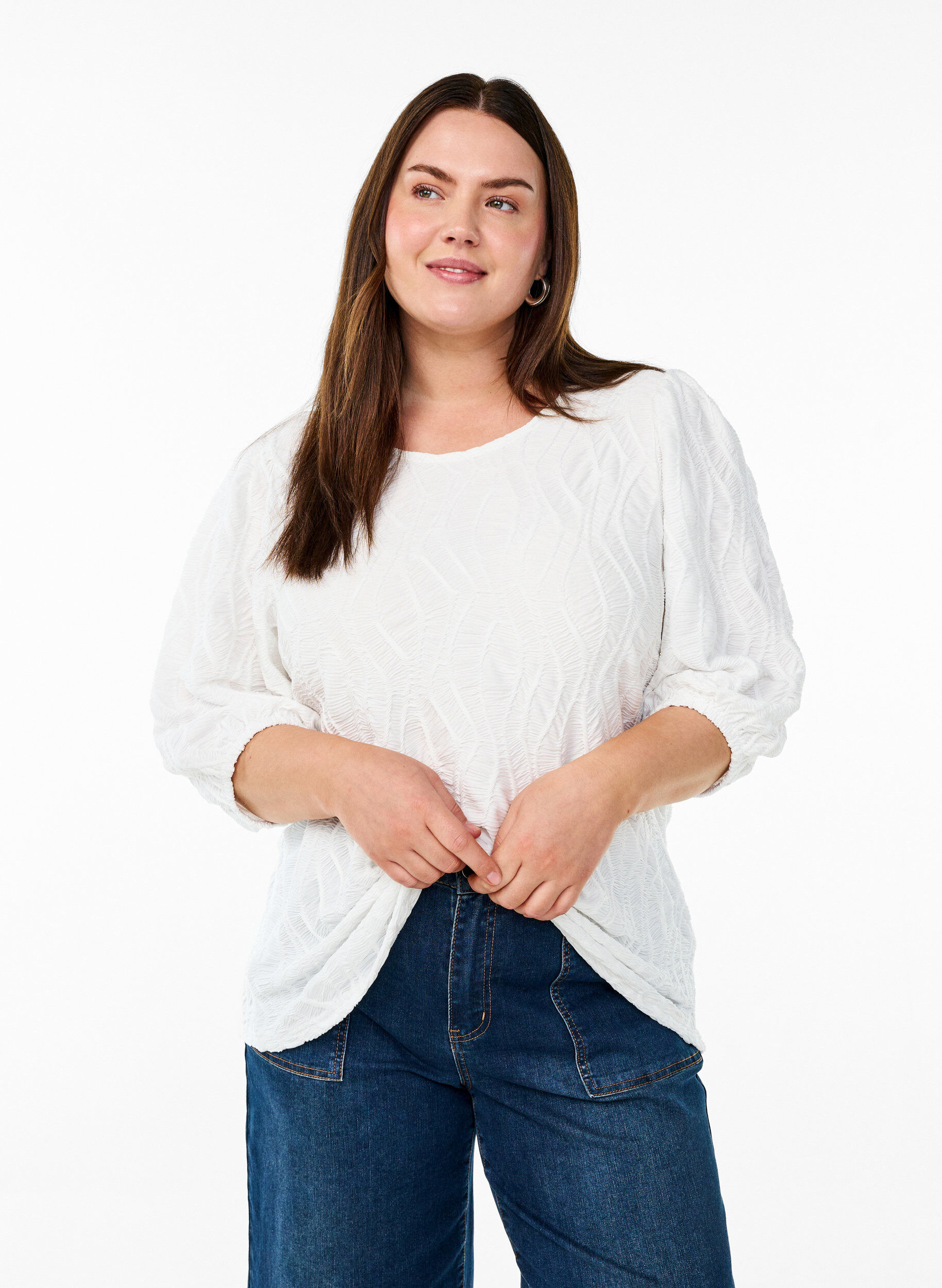 ZizziBlouse met textuur en 3/4 mouwen, Wit, Model image number 0