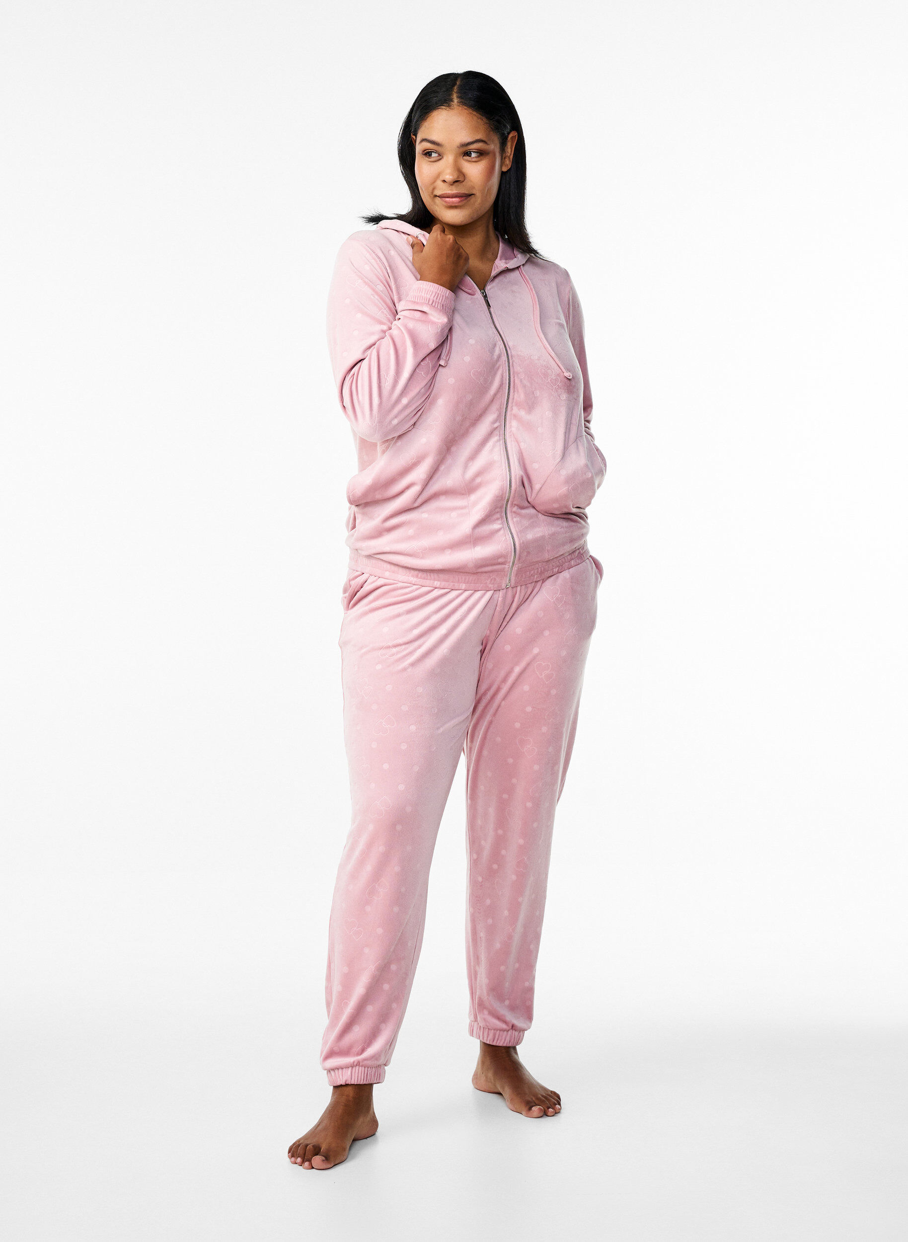 Zizzi Velours broek met stippen en hartjes, Roze, Model image number 0