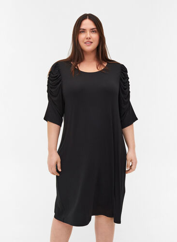 Effen viscose jurk met 2/4 mouwen , Black, Model image number 0