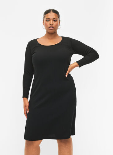 Nauw aansluitende jurk met lange mouwen en een split, Black, Model image number 0