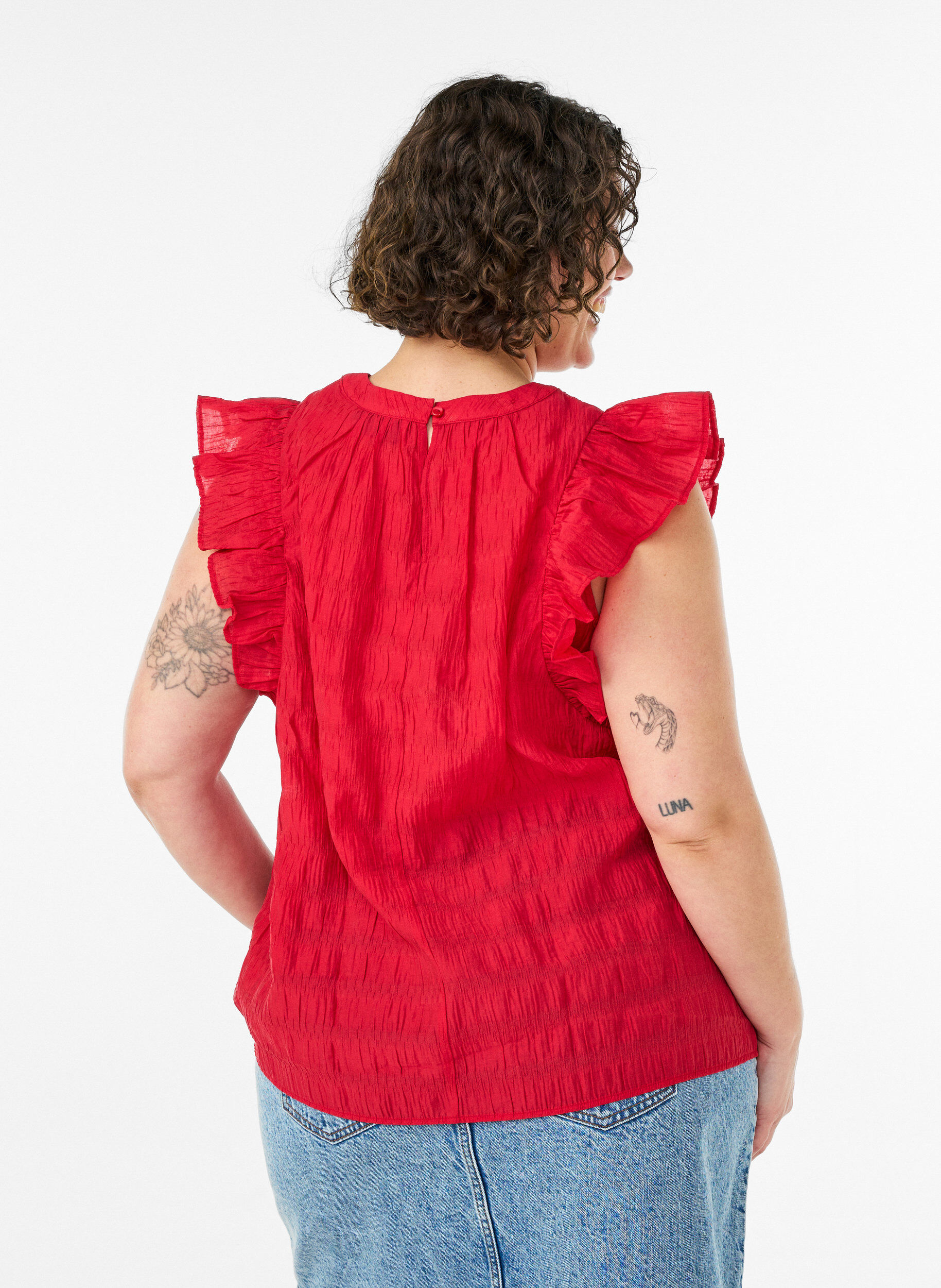 ZizziBlouse met textuur en ruches zonder mouwen, Rood, Model image number 2