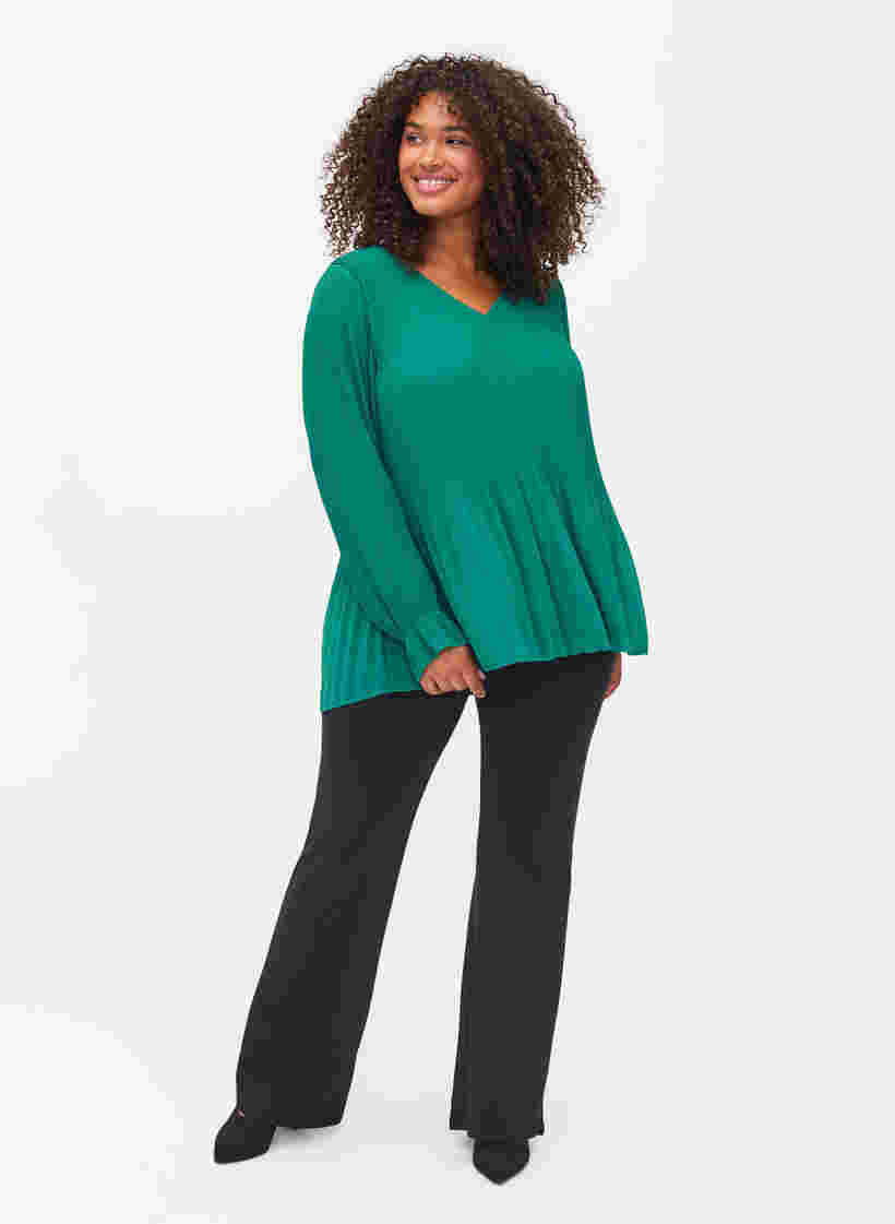 Geplooide blouse met v-hals, Evergreen, Model image number 1