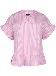 Gestreepte blouse met peplum en ruches, Pink Red Stripe