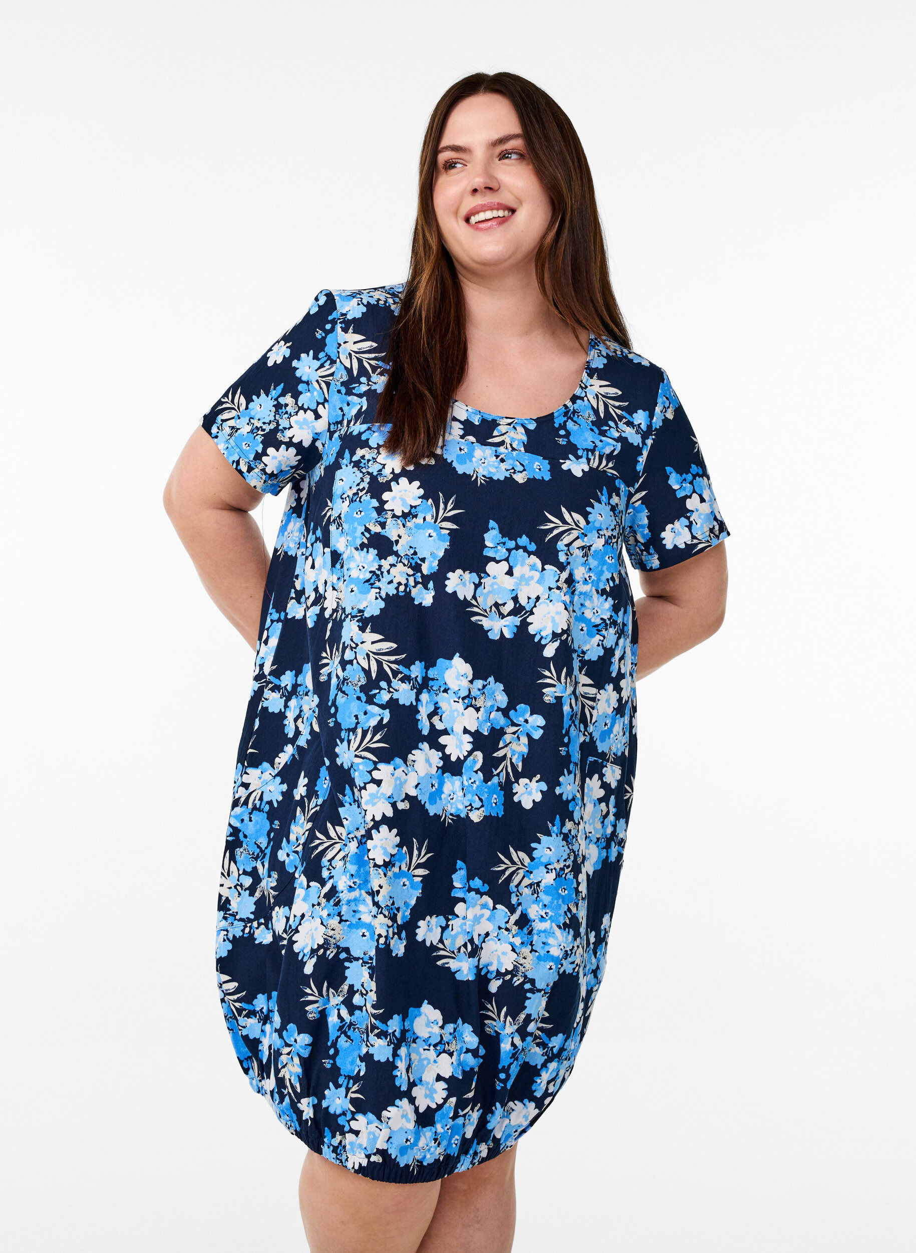 ZizziKatoenen jurk met korte mouwen en print, Blauw, Model image number 0
