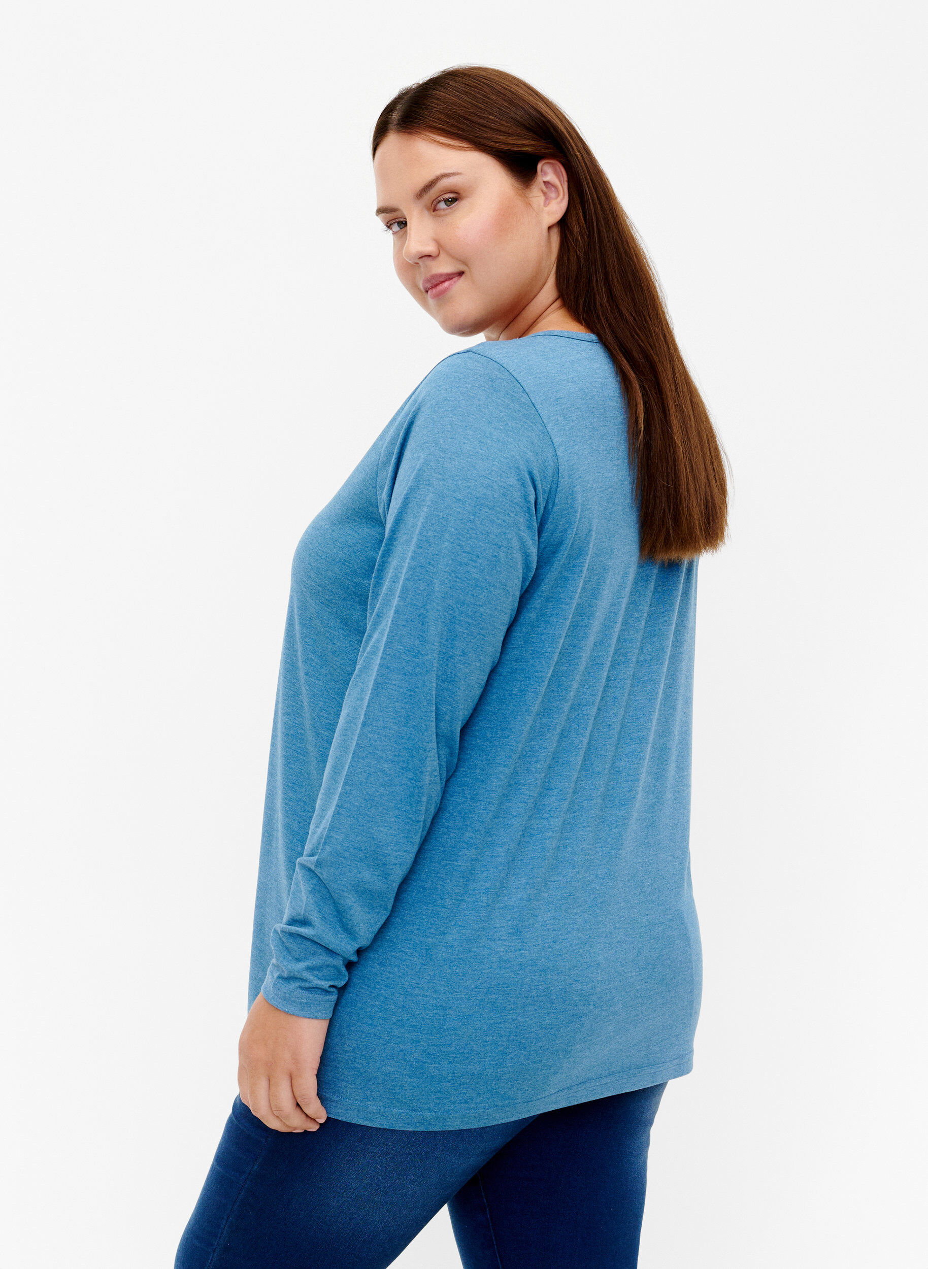 Zizzi Gem&ecirc;leerde blouse met lange mouwen, Legion Blue Mel., Model image number 1