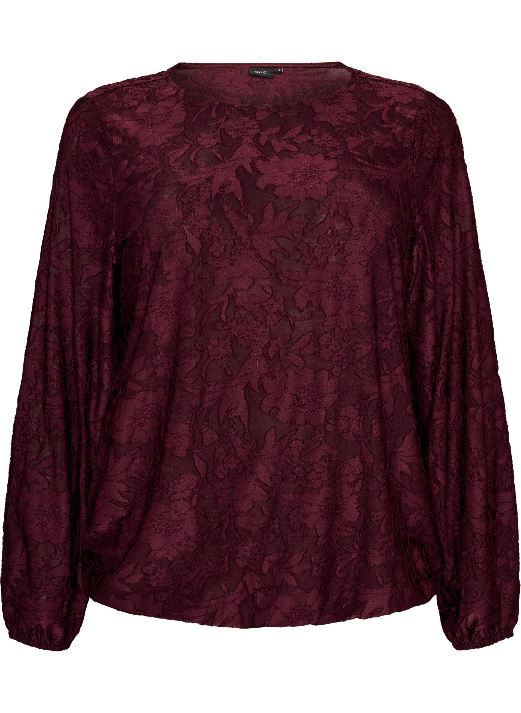 ZizziDoorschijnende blouse met bloemenstructuur en lange mouwen, Rood, Packshot image number 0
