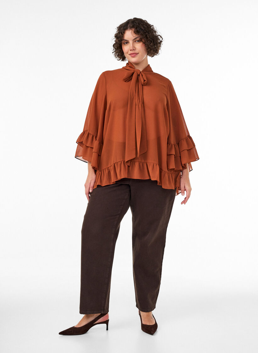 Blouse met striklint en ruches, Bruin, Model image number 1