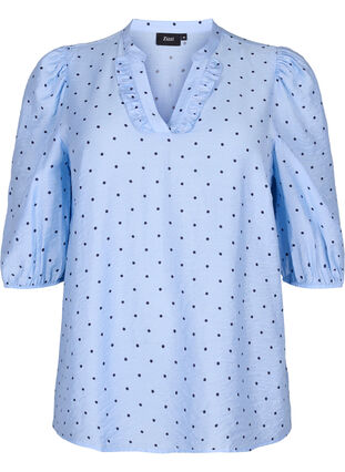 Gestippelde blouse met 3/4 mouwen in viscose, Light Blue Dot, Packshot image number 0