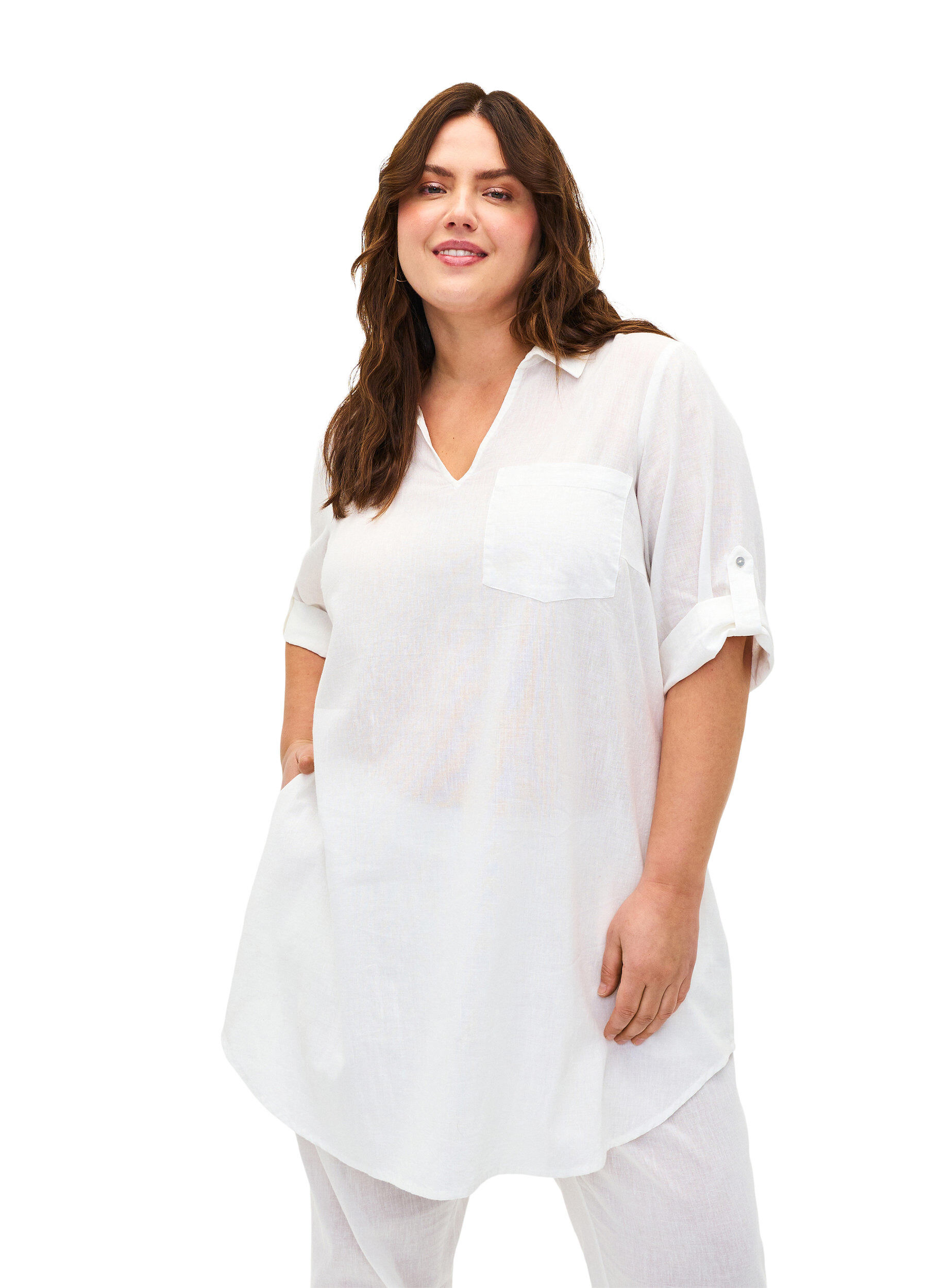 Zizzi Tuniek van katoenmix met korte mouwen en linnen, Bright White, Model image number 0