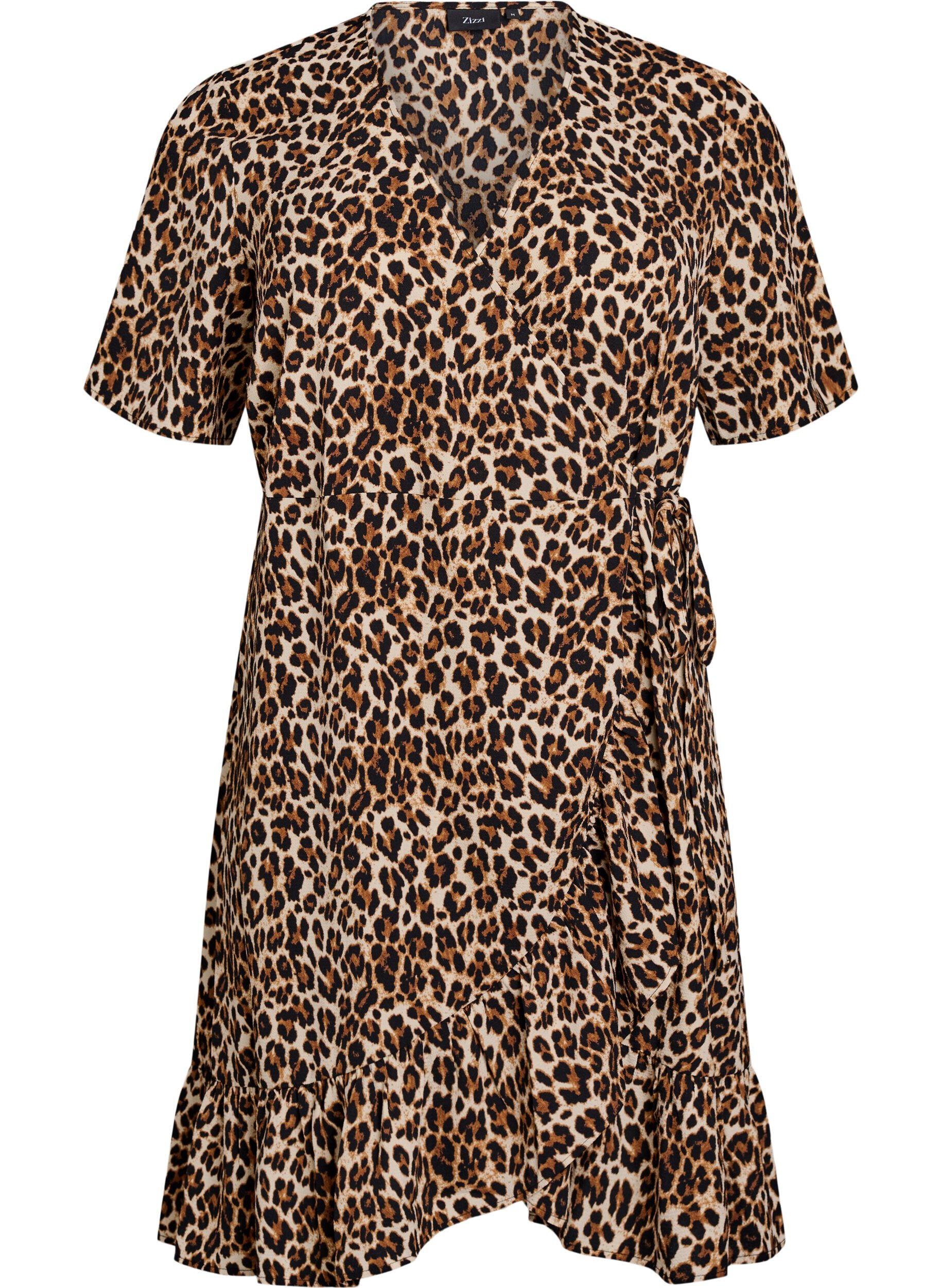Zizzi Gedrukte wikkeljurk met korte mouwen, Bruin, Packshot image number 0