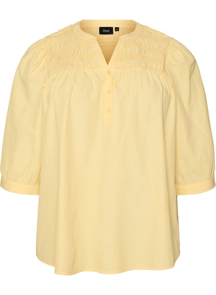 Blouse met smock en 3/4 mouwen, Geel, Packshot image number 0