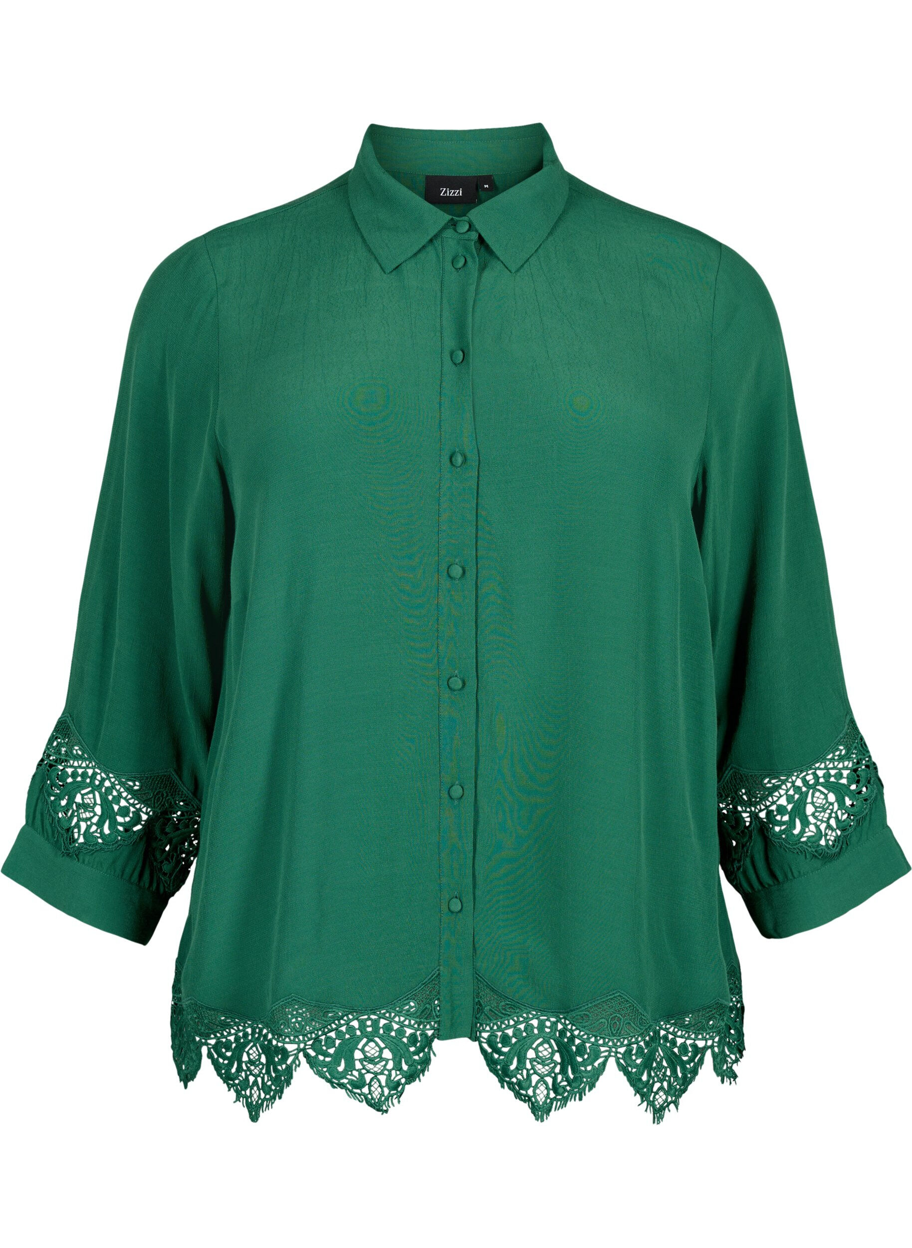 Zizzi Viscose shirt met 3/4 mouwen en borduurdetails, Hunter Green, Packshot image number 0