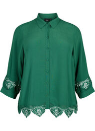 Viscose shirt met 3/4 mouwen en borduurdetails, Hunter Green