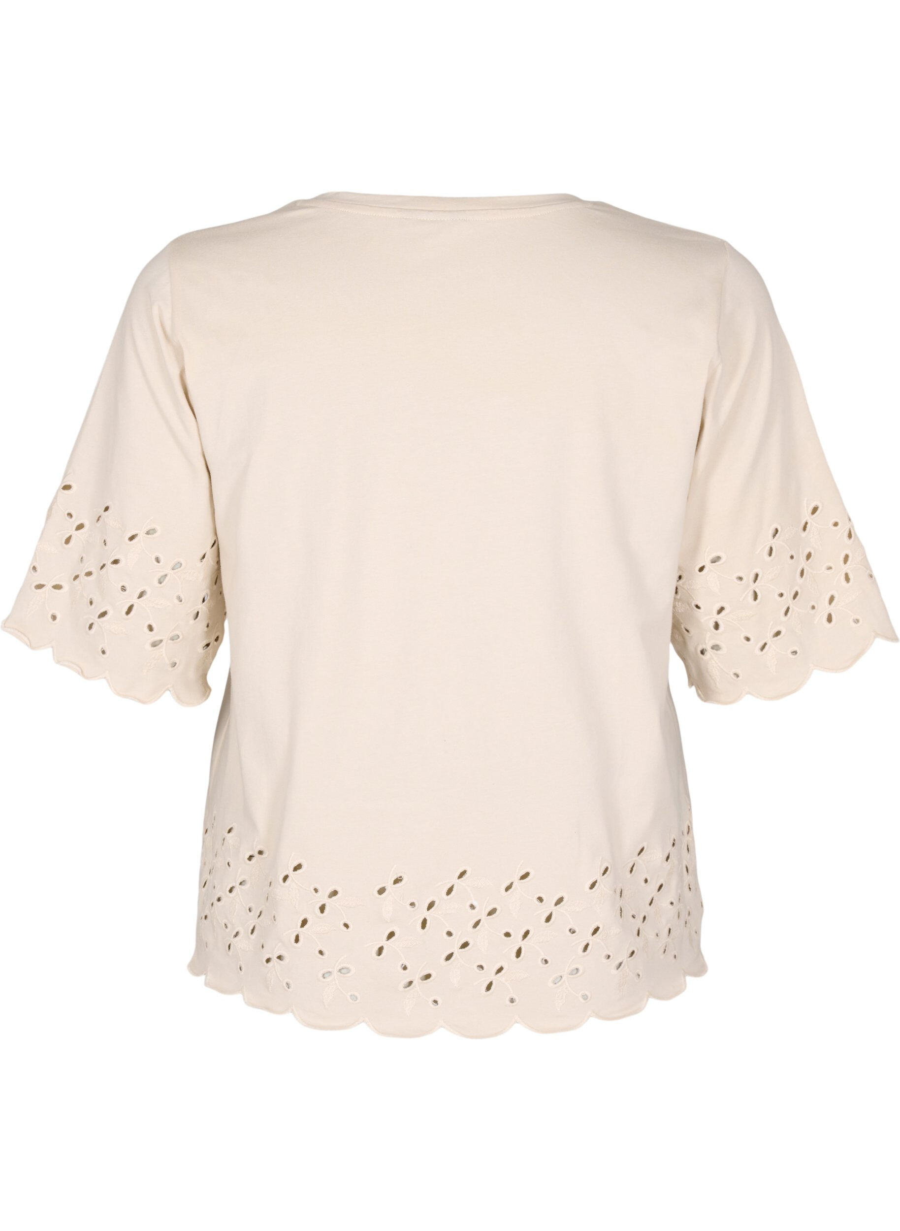 Zizzi T-shirt met broderie anglaise en geschulpte randen, Beige, Packshot image number 1