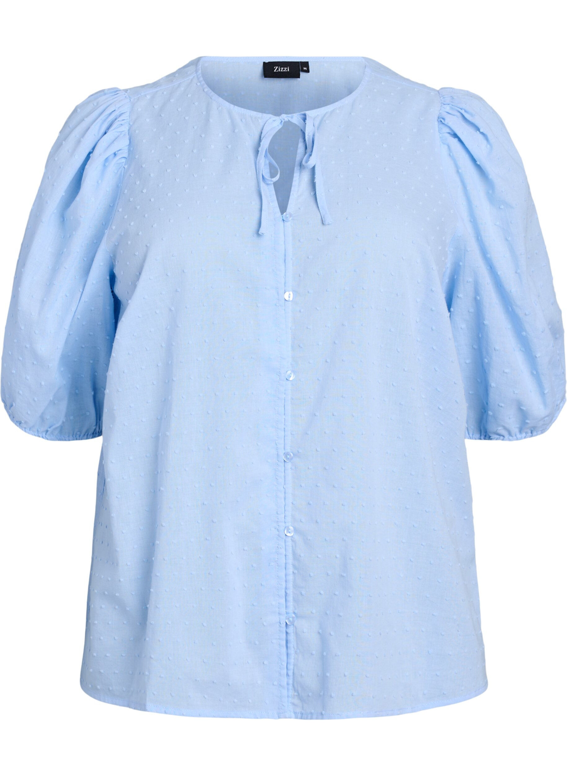 Zizzi Shirtblouse met strikkoord en gestippelde textuur, Blauw, Packshot image number 0