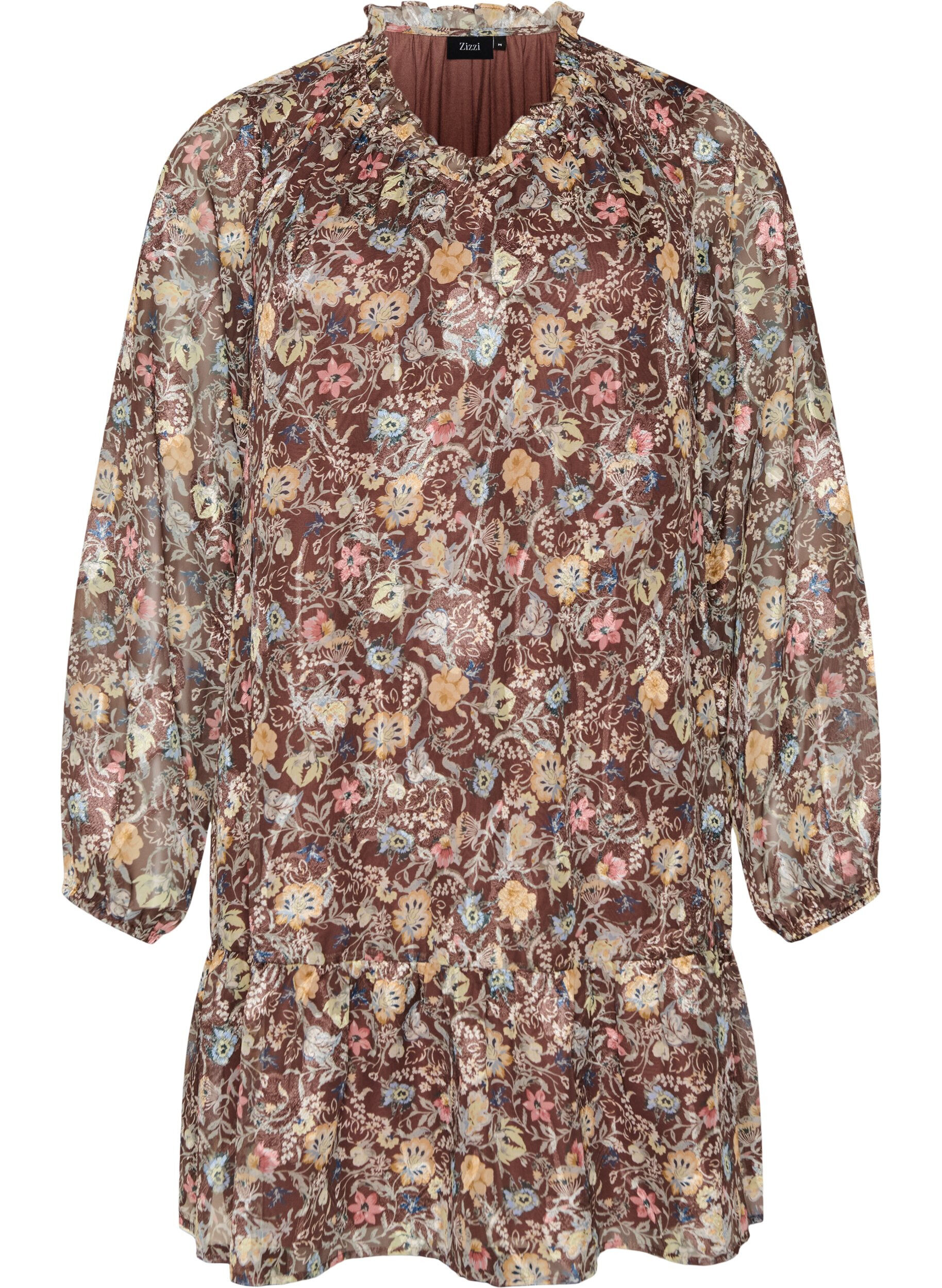 ZizziChiffon jurk met bloemenprint en rucheslagen, Bruin, Packshot image number 0