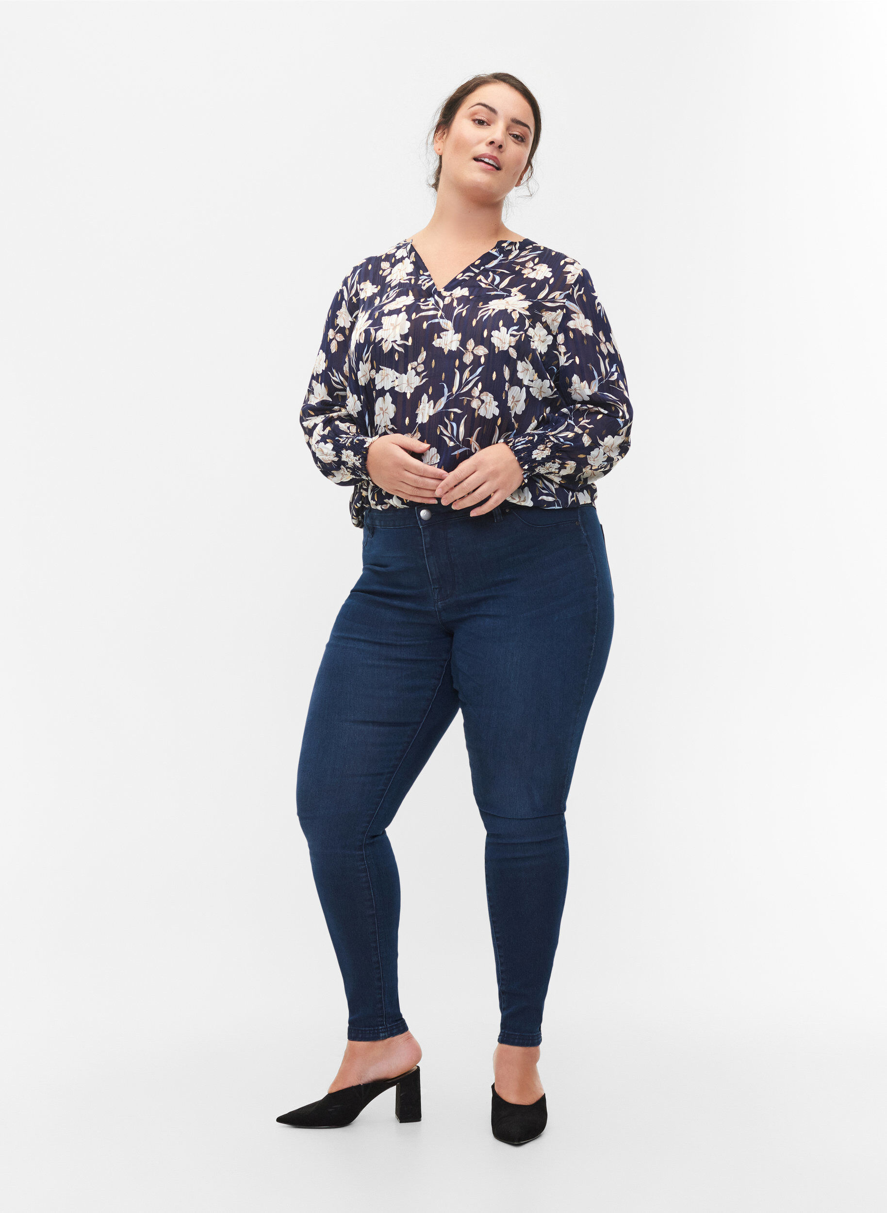 Jeggings van katoenmix, Dark blue denim, Model