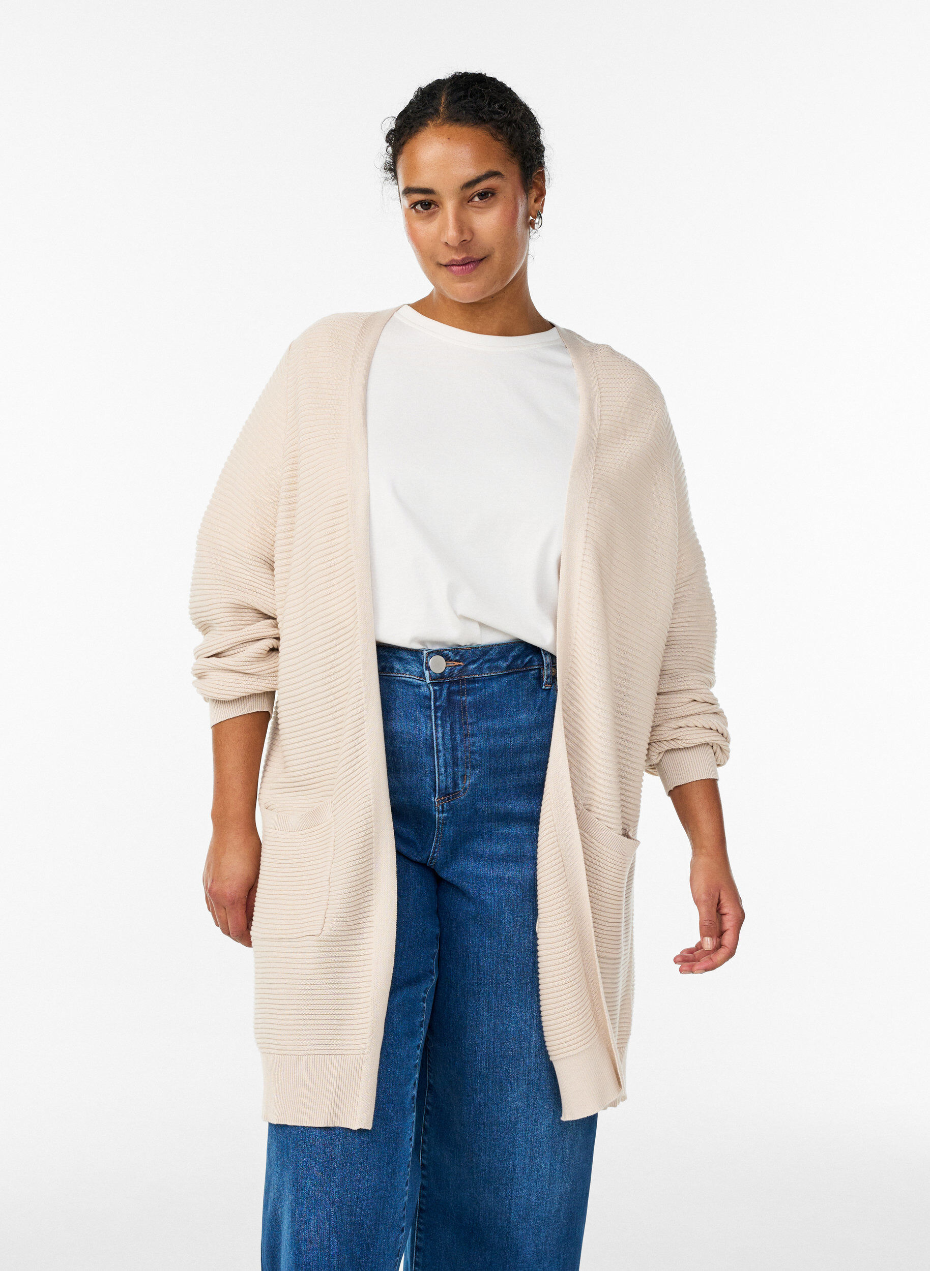 Zizzi Lang, ribgebreid katoenen vest, Beige, Model image number 0