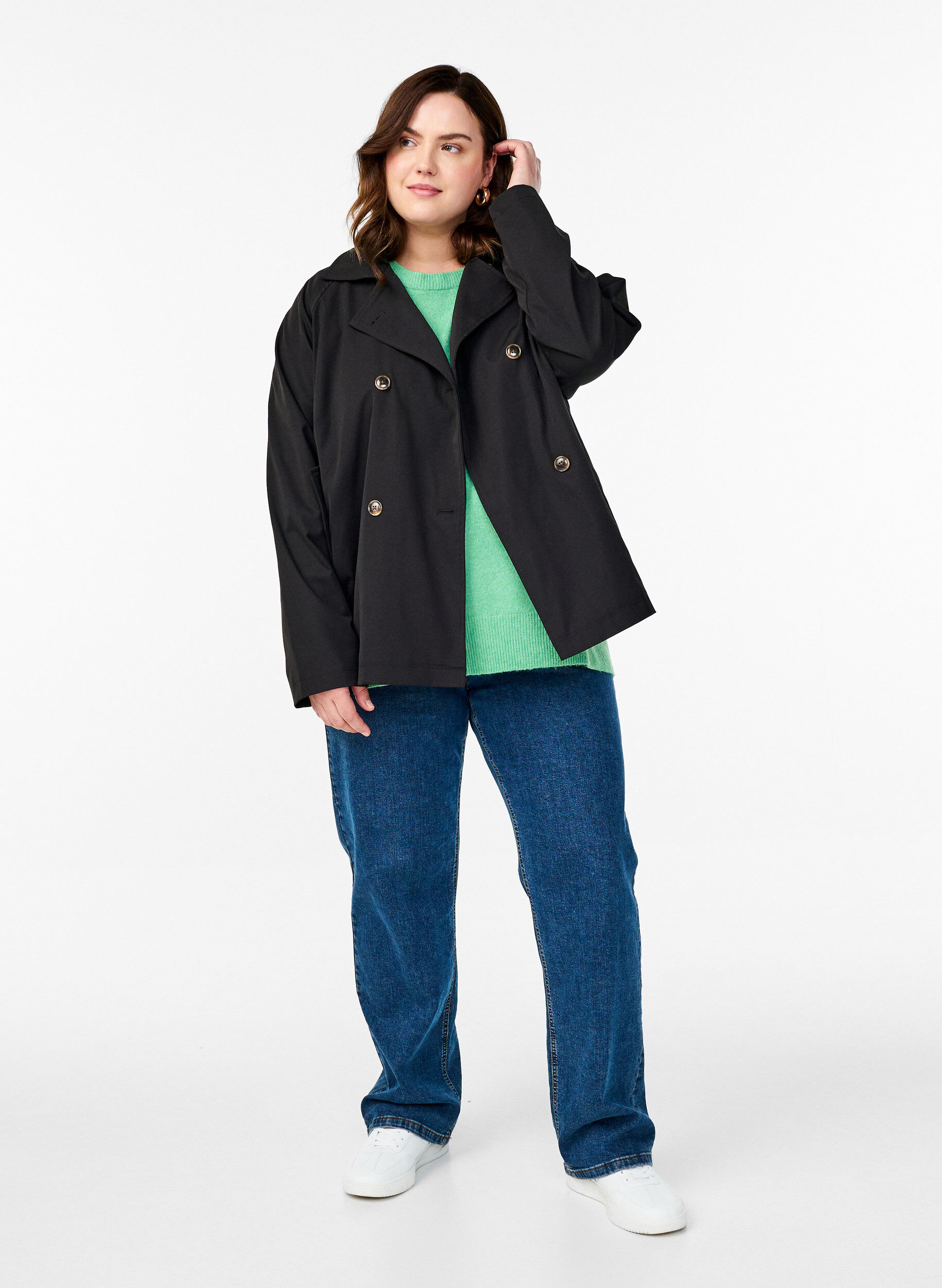 Zizzi Korte trenchcoat met zakken, Zwart, Model image number 1