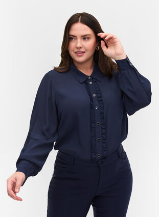 Viscose blouse met knoopsluiting en lintdetails, Navy Blazer, Model image number 0
