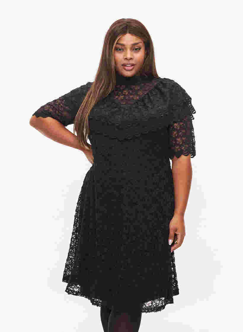 Kanten jurk met 2/4 mouwen, Black, Model image number 0