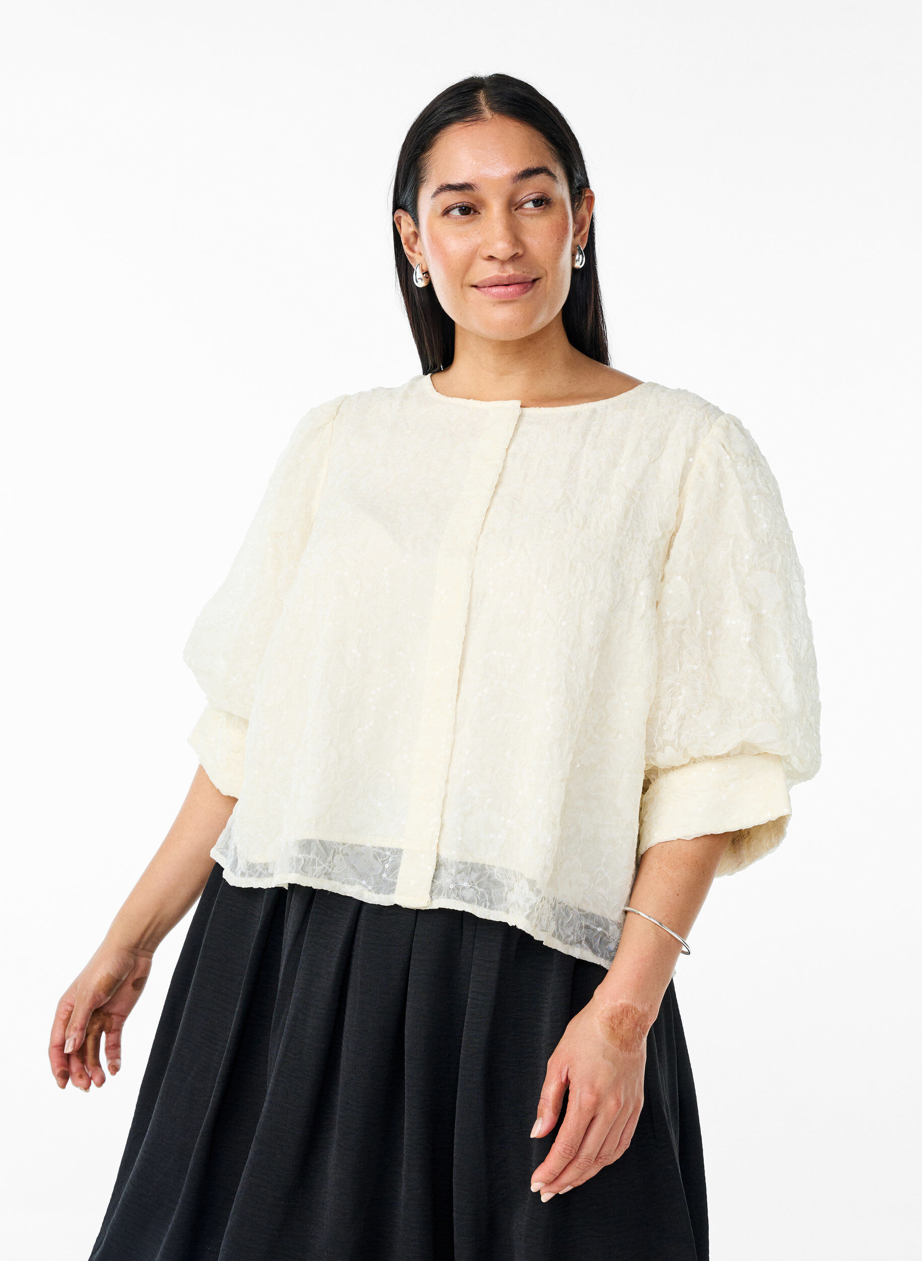 Zizzi Feestelijke blouse met pailletten en halflange mouwen, Vanille, Model image number 0