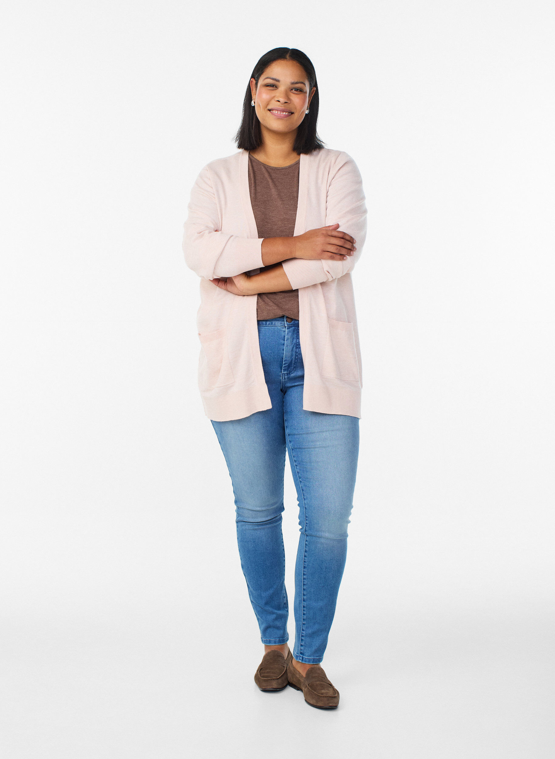 Zizzi Lange open knit vest met zakken, Roze, Model image number 1