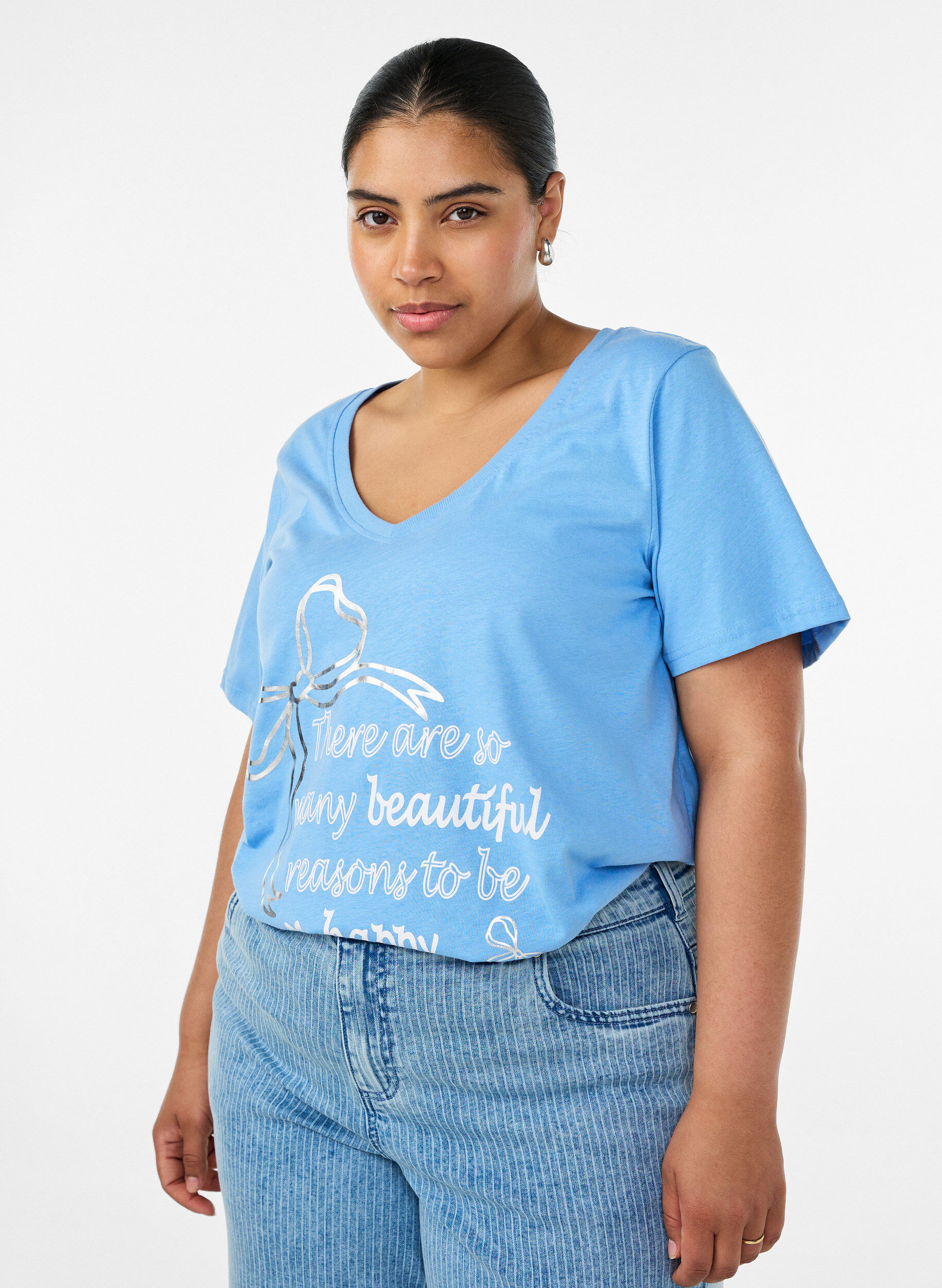 ZizziKatoenen T-shirt met V-hals en print aan de voorkant, Blauw, Model image number 0