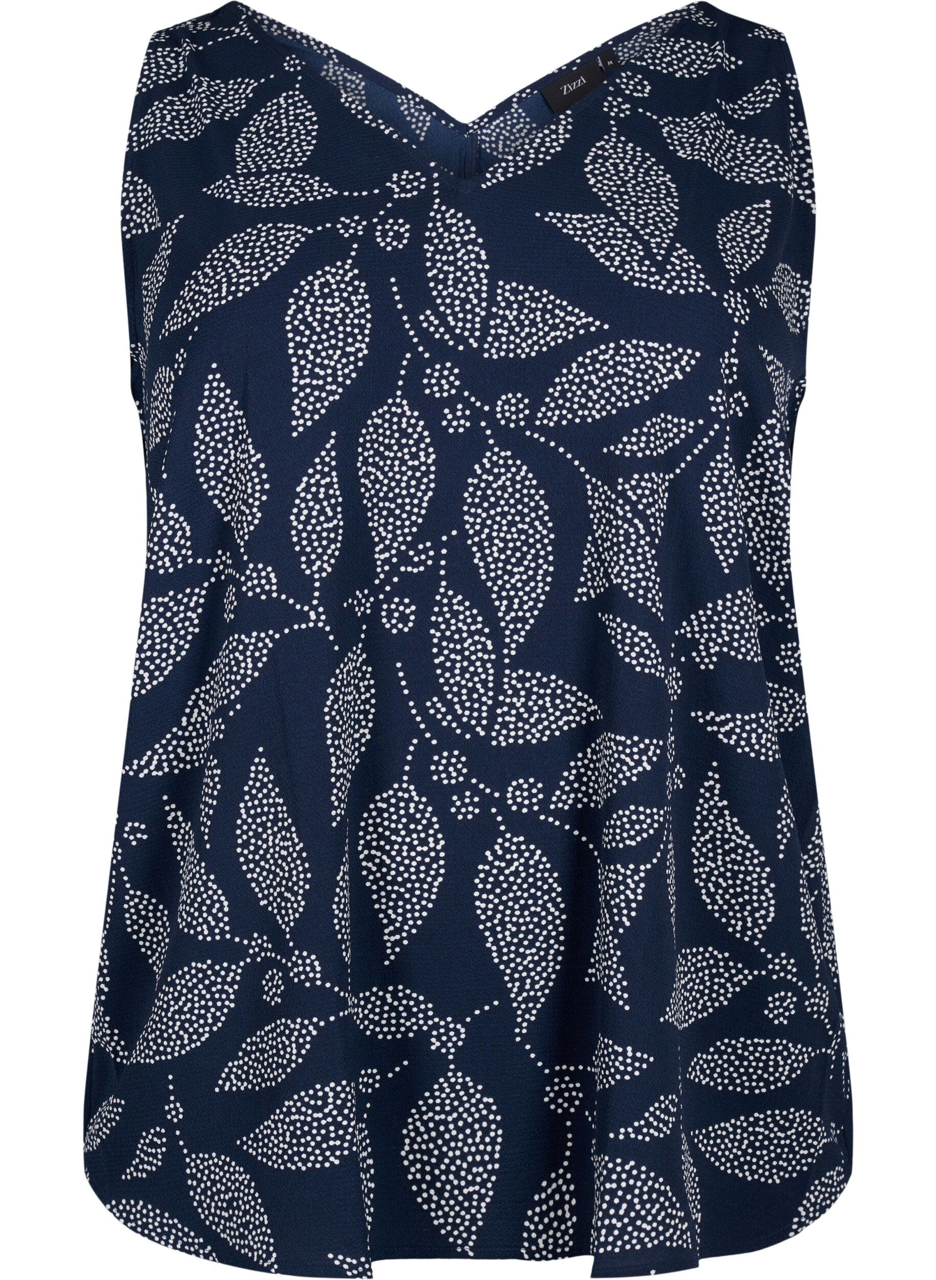 Zizzi Bedrukte top met v-hals, Navy B. w. Dot Leaf, Packshot image number 0