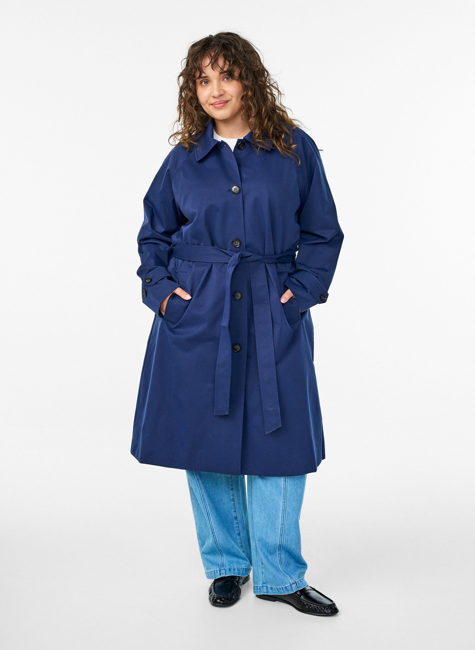 Trenchcoat met riem en splits, Blauw, Model