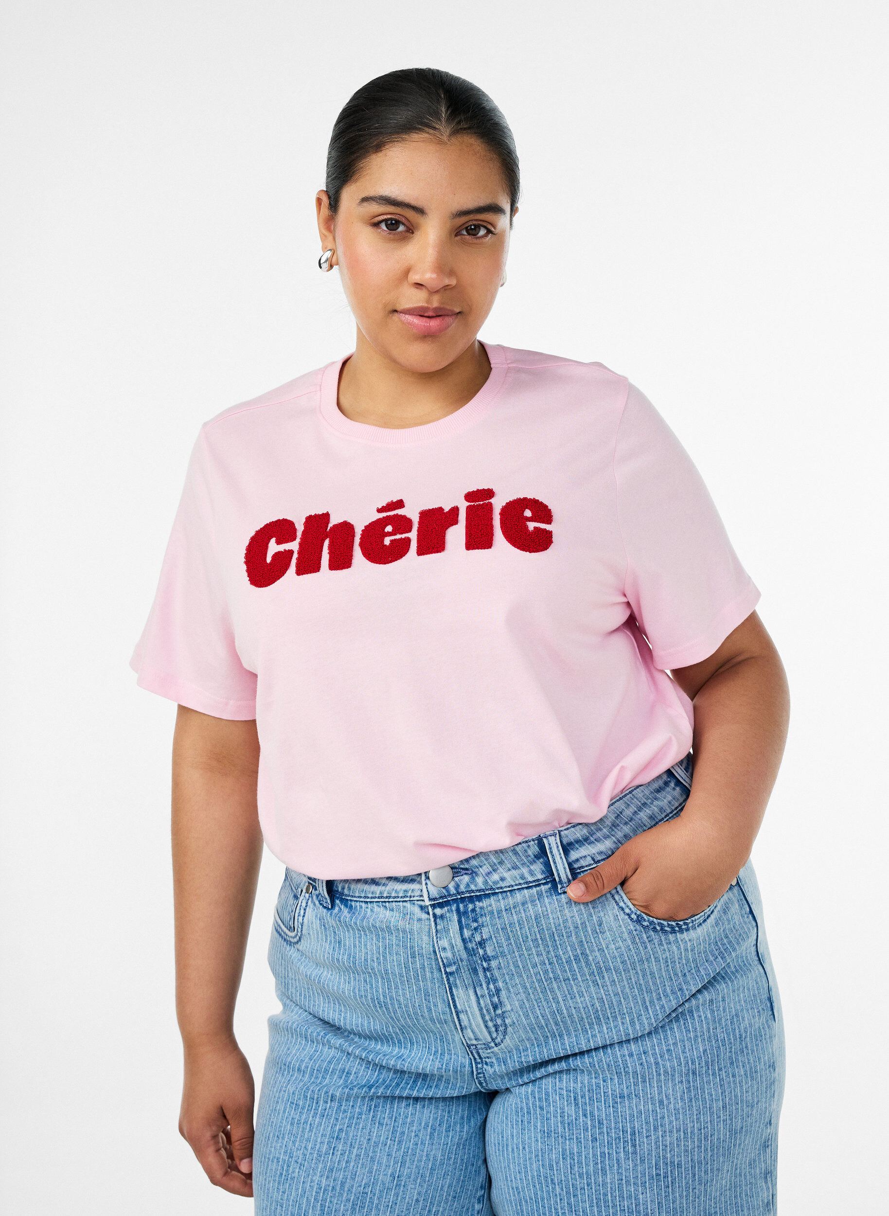 Organisch katoenen T-shirt met print aan de voorkant, Roze, Model