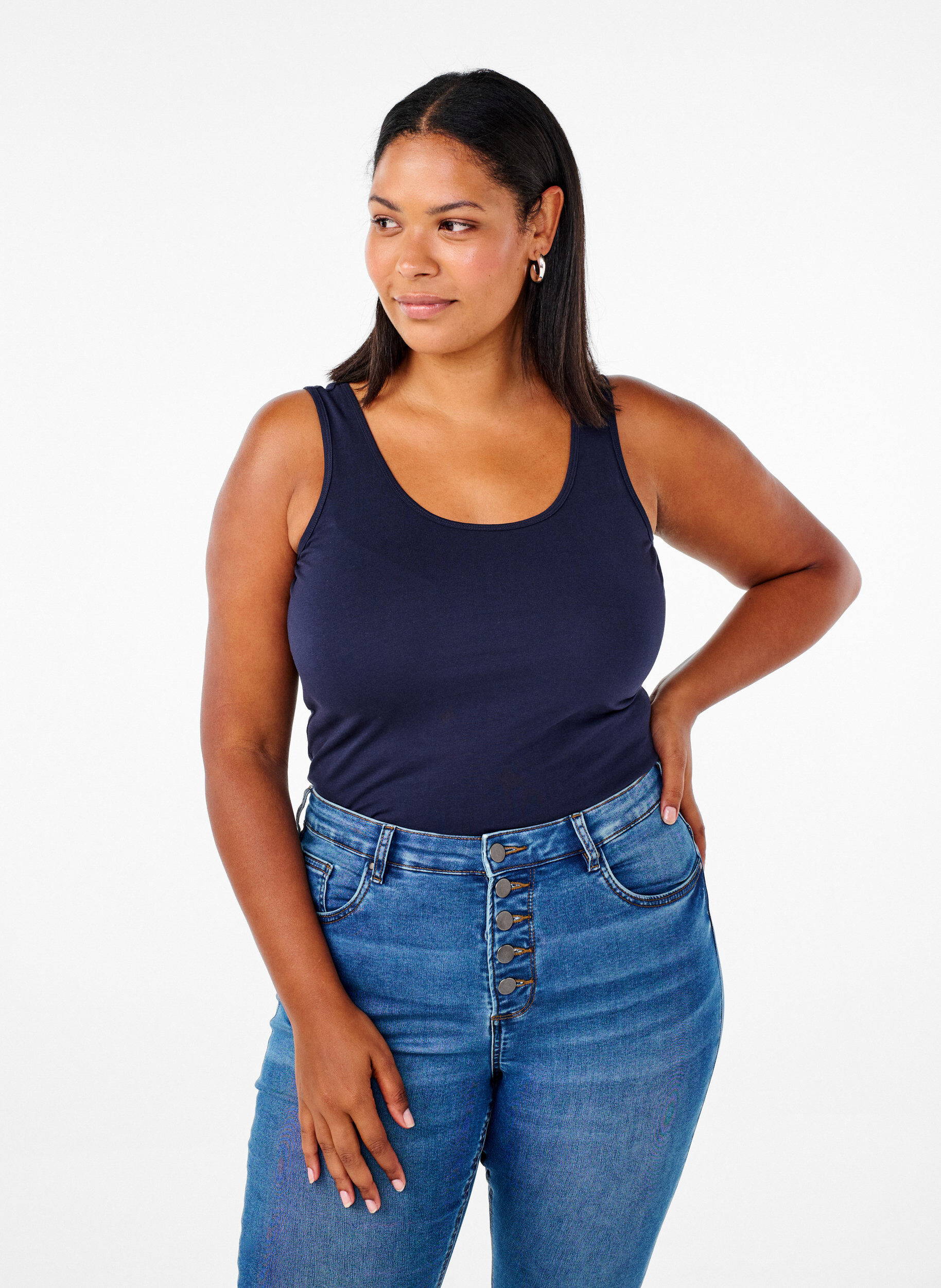 Effen gekleurd basic top in katoen, Blauw, Model