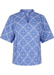 Blouse met korte mouwen en geborduurd patroon, Blauw