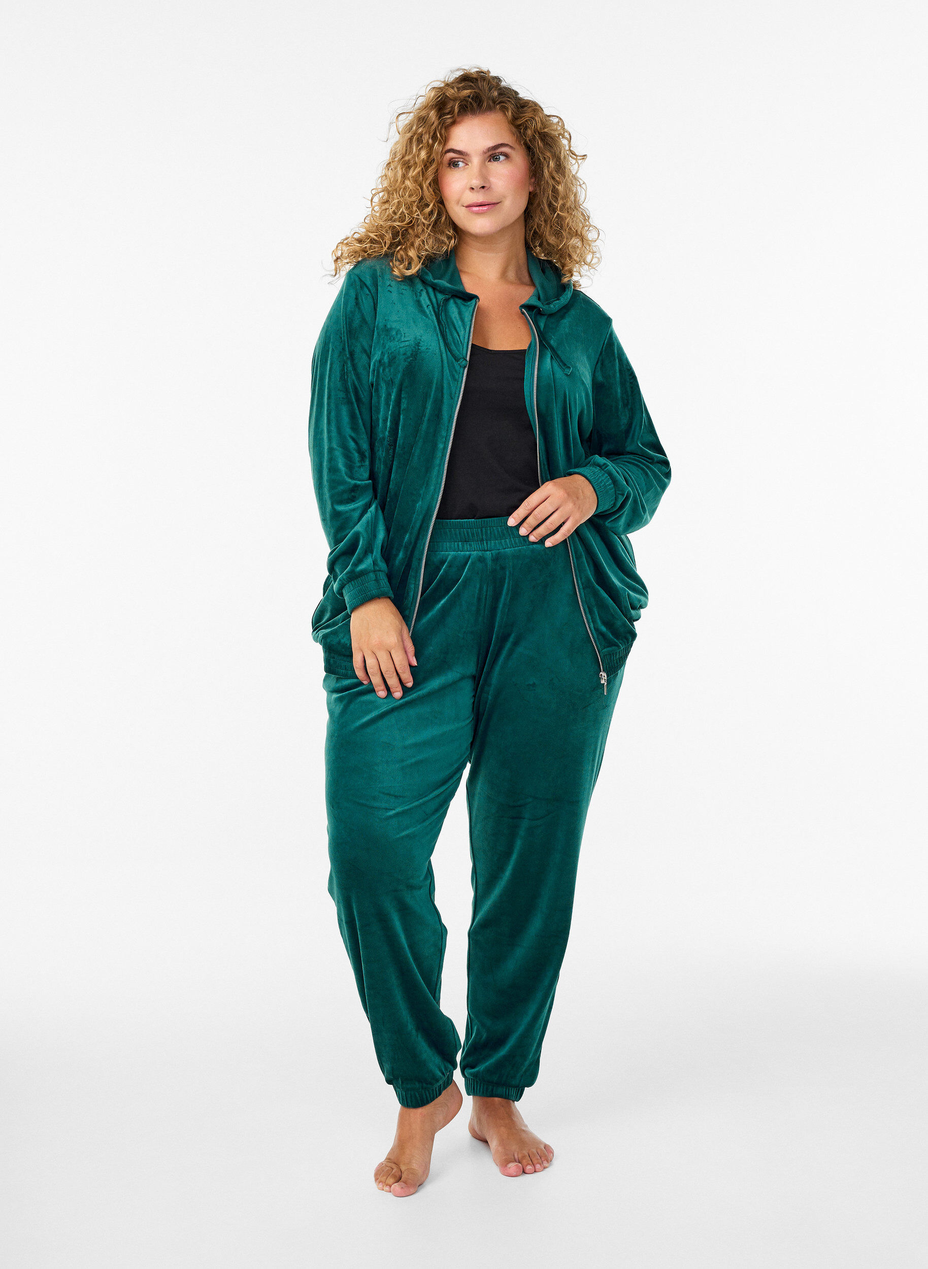 Zizzi Velours cardigan met ritssluiting en capuchon, Groen, Model image number 1