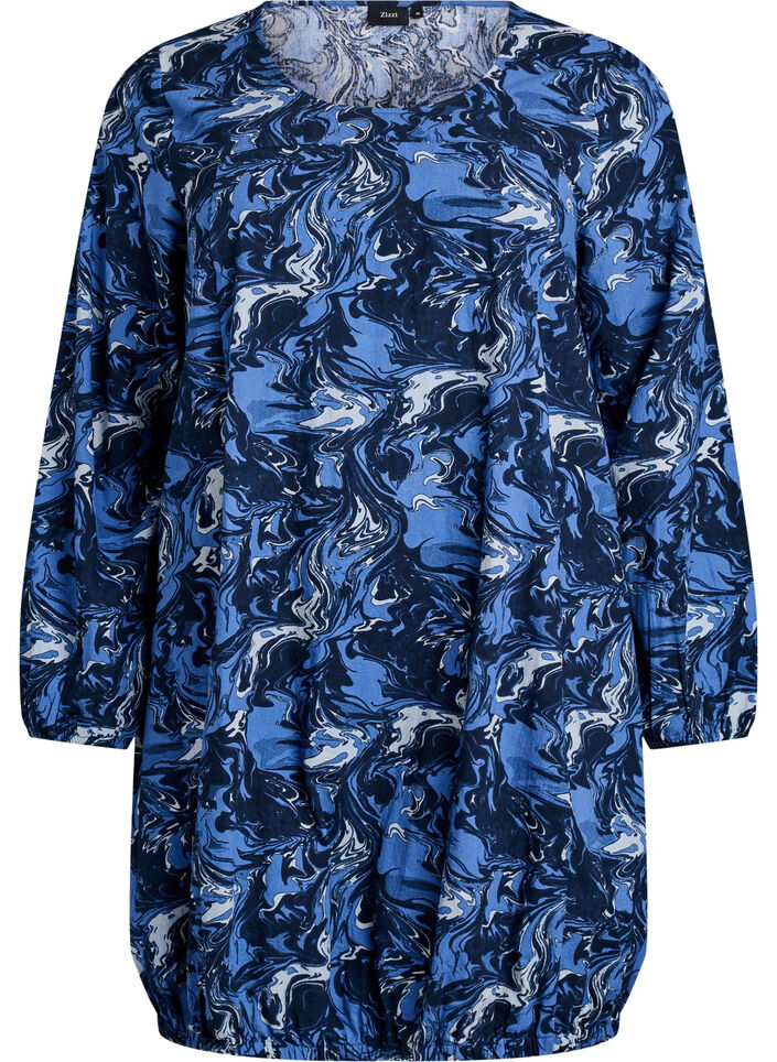 Korte katoenen jurk met een elastische zoom en lange mouwen, Blauw, Packshot image number 0
