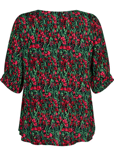 Viscose blouse met knopen, Black w. Pink Flower, Packshot image number 1