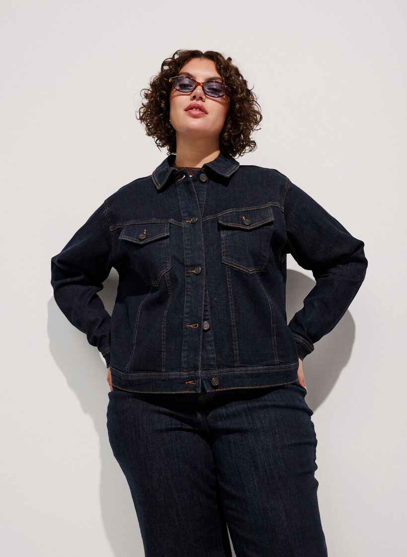 Klassiek denimjack met contrasterend stiksel, Blauw, Model