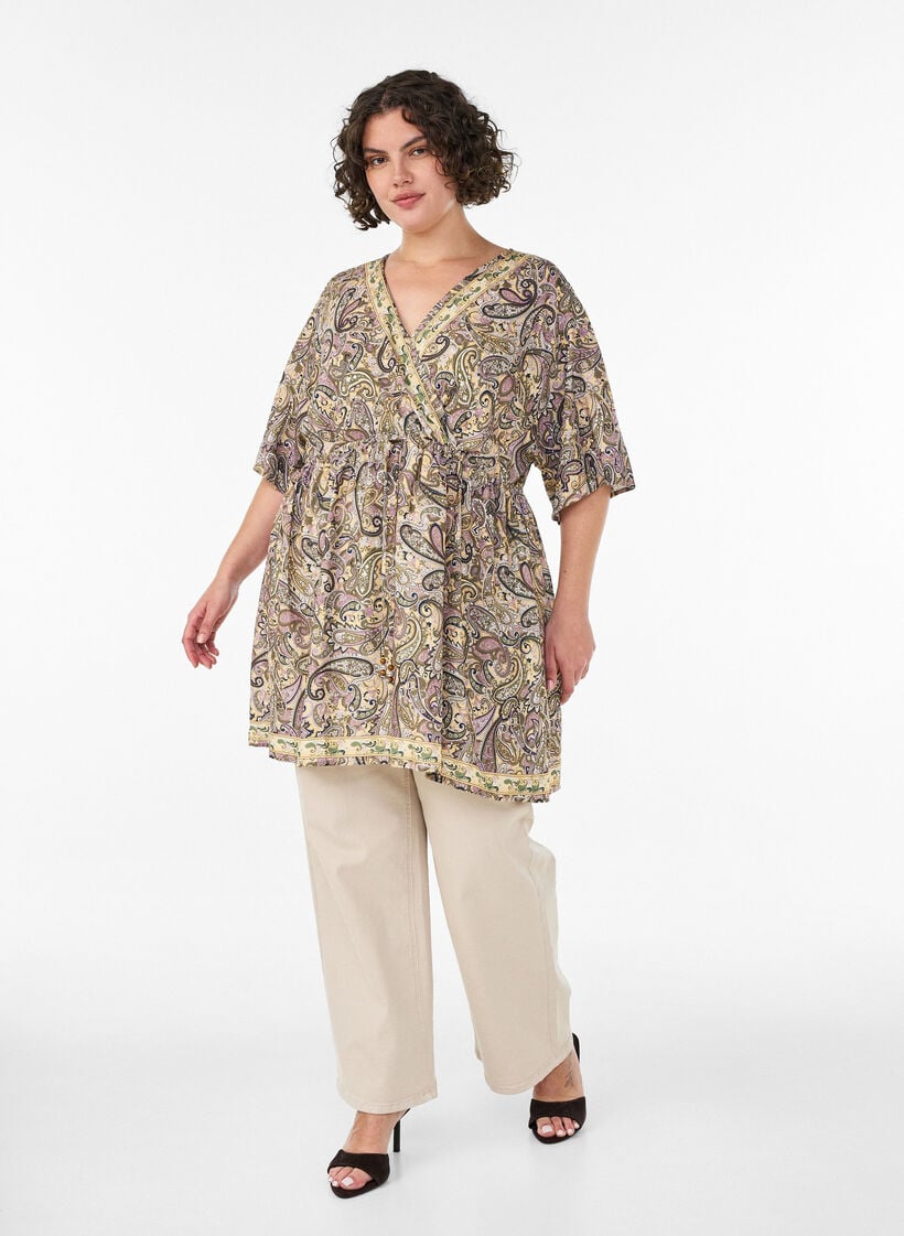 Viscose tuniek met paisleyprint en aantrekkoord, Geel, Model image number 1