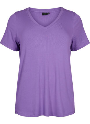 Geribd viscose T-shirt met V-hals, Deep Lavender, Packshot image number 0