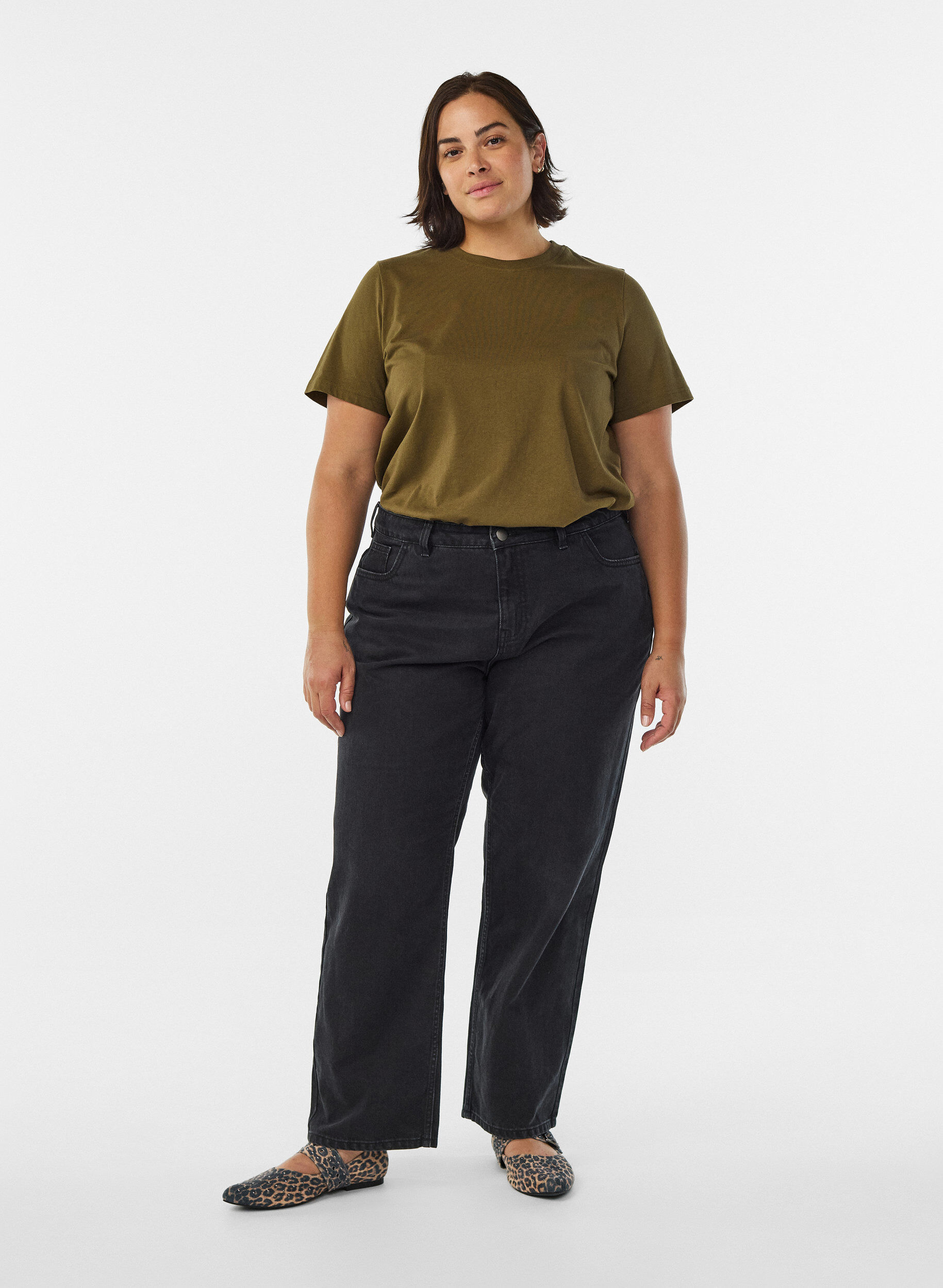 Zizzi Basic katoenen T-shirt met ronde hals, Groen, Model image number 1